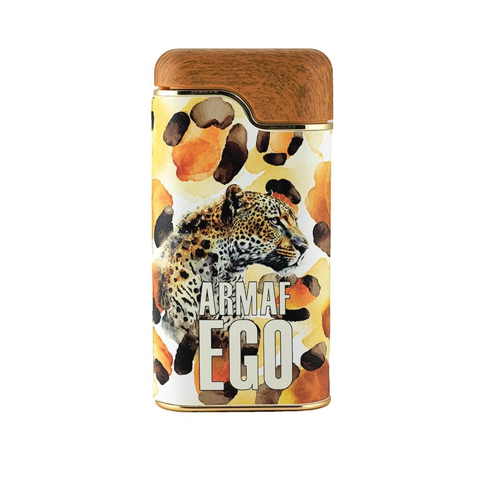 Rechteckiger Behälter mit Holzdeckel und Leopardenmuster. Aufschrift: ARMAF EGO.