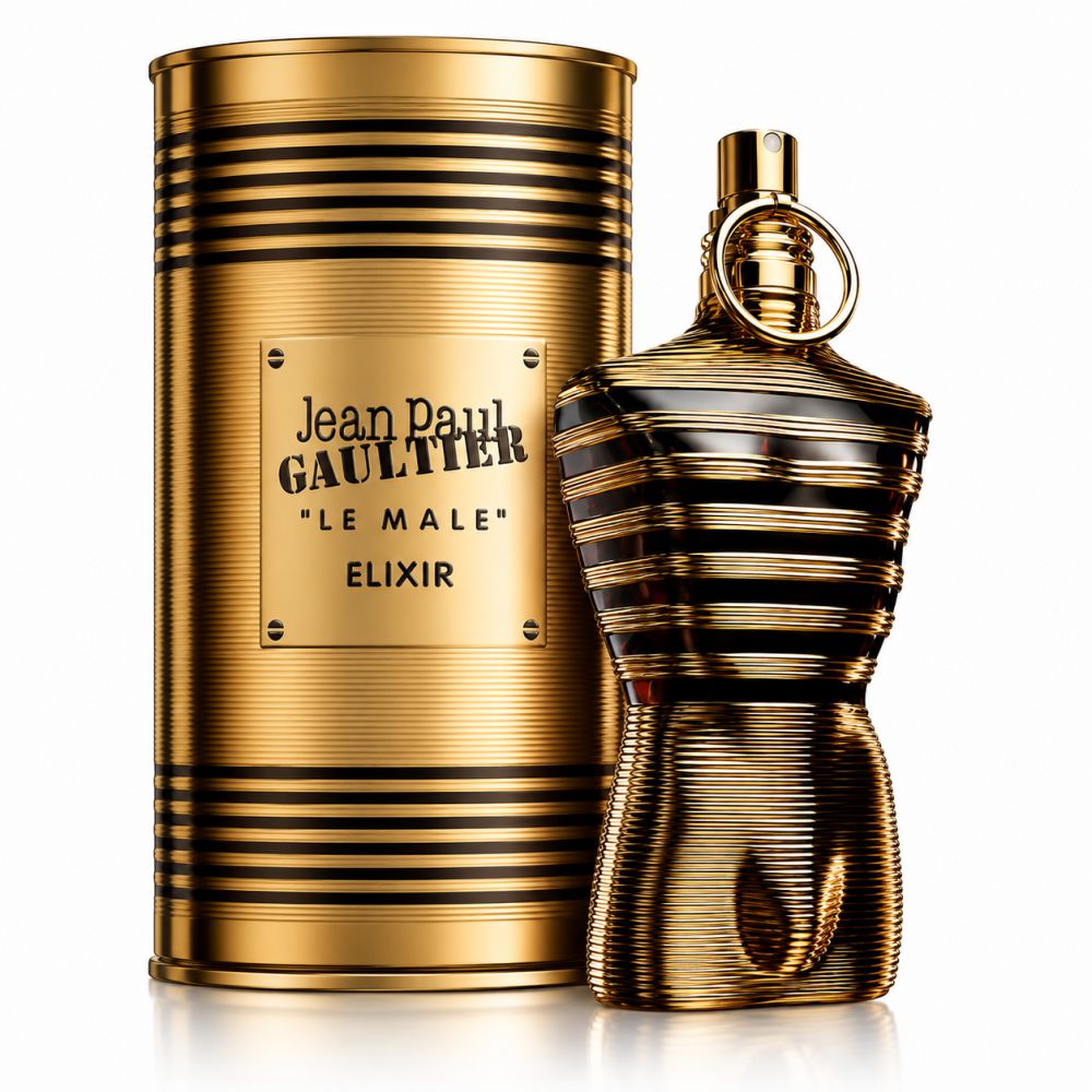 Goldene Dose mit schwarzen Streifen und einem Etikett mit der Aufschrift 'Jean Paul Gaultier LE MALE ELIXIR'. Daneben der passende Flakon.