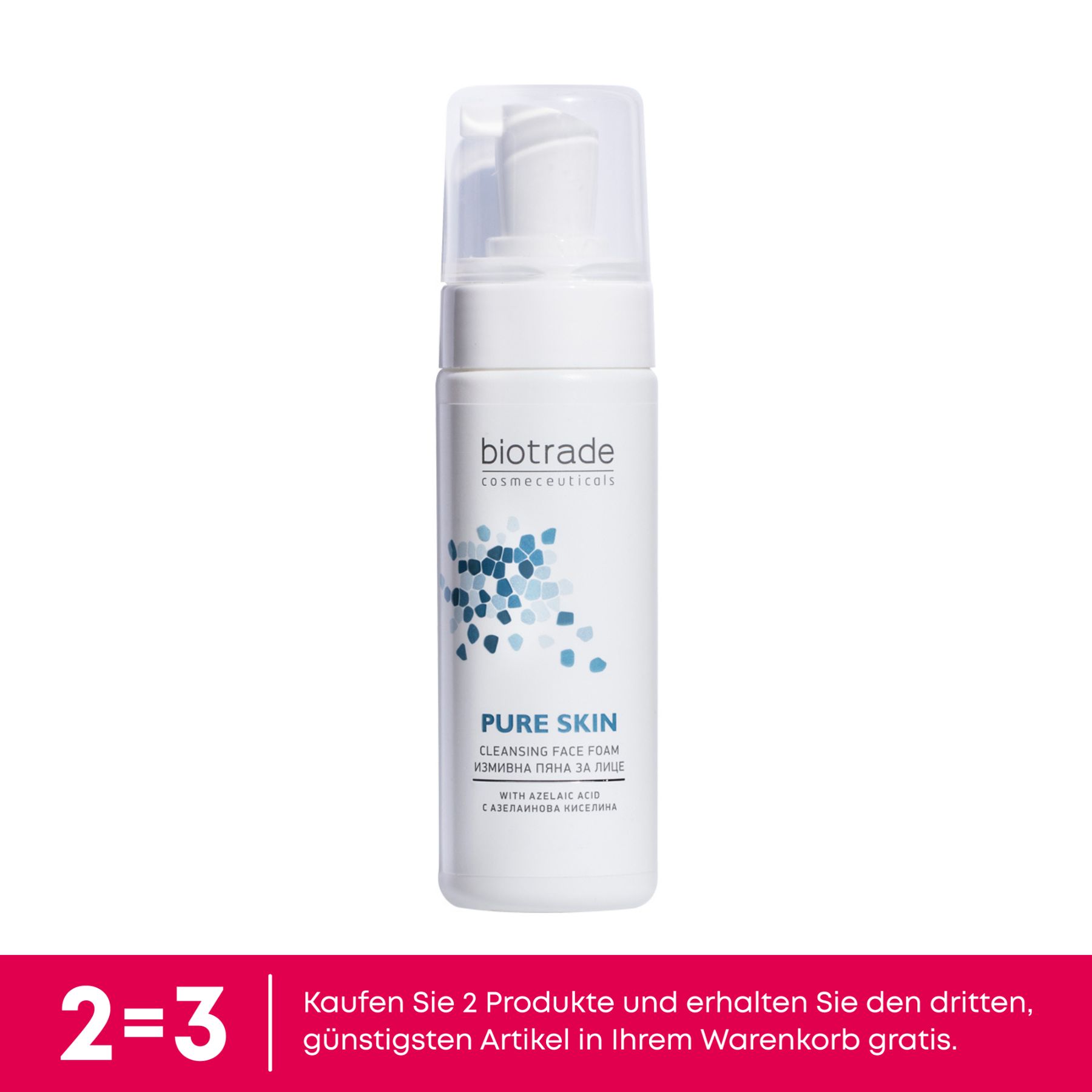 Weiße Flasche mit Pumpverschluss. Aufschrift: Biotrade, Pure Skin, Reinigungsschaum. Blaue Grafik. Angebot.