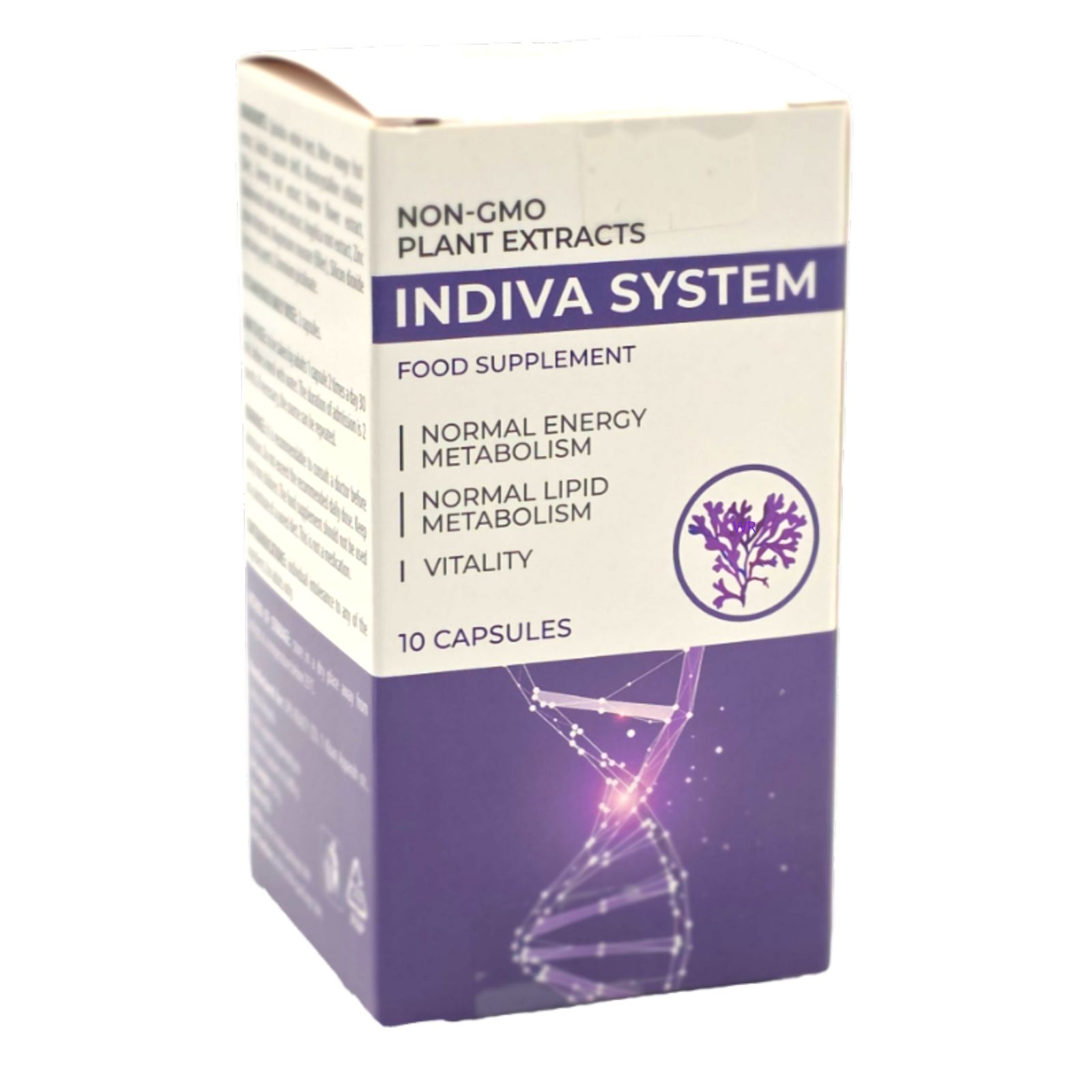 Schachtel mit "INDIVA SYSTEM"-Nahrungsergänzungsmittel. Lila und weiße Verpackung. Enthält 10 Kapseln. Aufschrift: "Normaler Energiestoffwechsel", "Normaler Lipidstoffwechsel", "Vitalität".