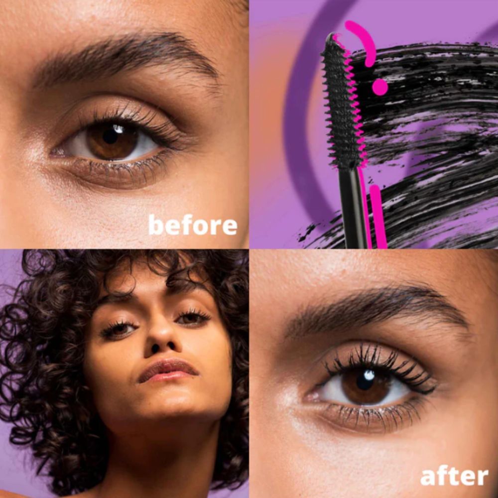 Vorher-Nachher-Vergleich von getuschten Wimpern. Vier Bilder: Augenpartie vor und nach dem Auftragen von Mascara.