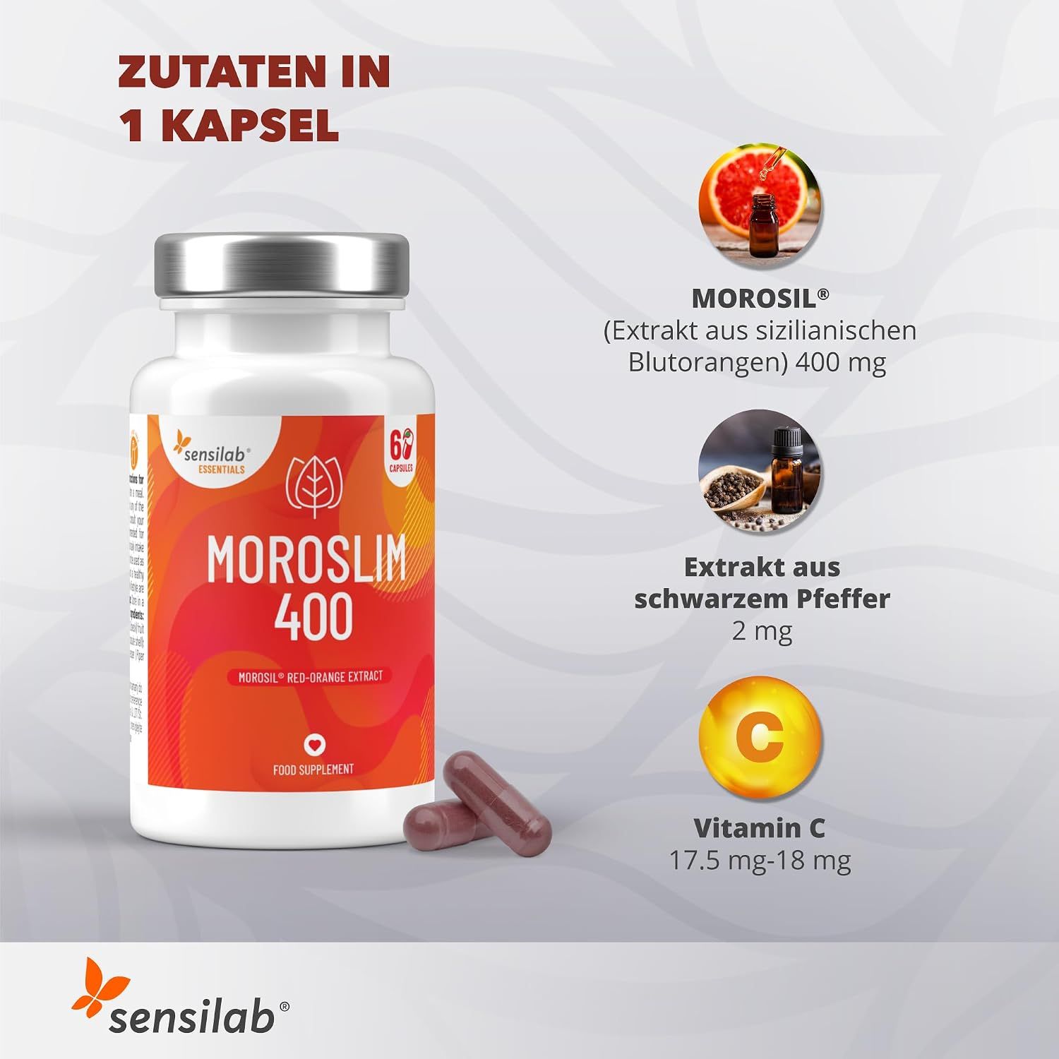 Flasche mit Morosil Slim 400 Kapseln, Zutatendetails: Morosil Extrakt, schwarzer Pfeffer Extrakt, Vitamin C.