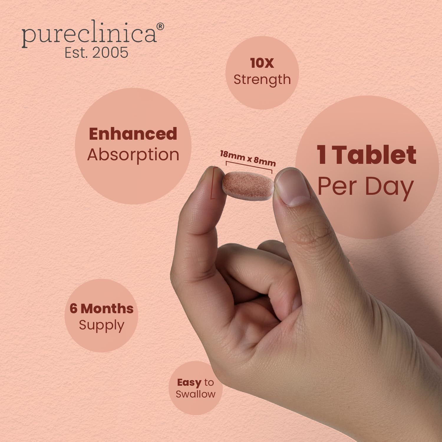 Hand hält eine Tablette. 1 Tablette pro Tag, 6 Monate Vorrat, leicht zu schlucken. Abmessungen: 18mm x 8mm.