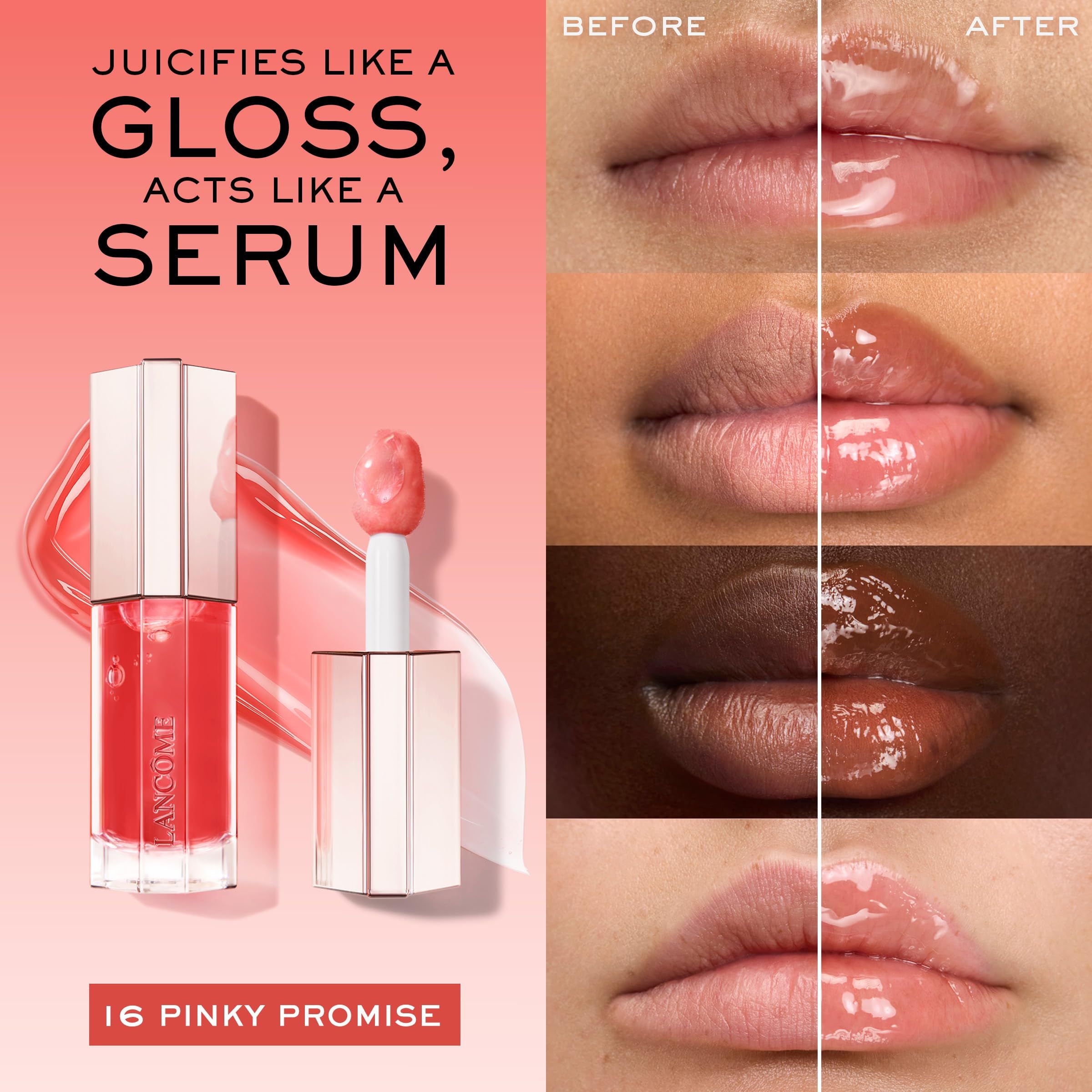 Lippen-Serum mit Applikator. Links Produkt, rechts Lippen-Vergleich: Vorher/Nachher. Text: Juicifies like a gloss, acts like a serum. Pinky Promise.