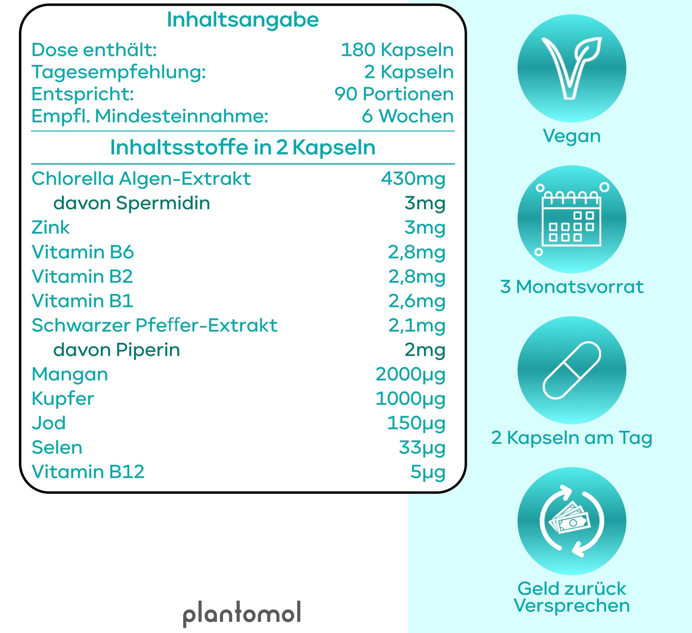 Inhaltsangabe: 180 Kapseln, 2 Kapseln pro Tag. Enthält Chlorella Algen-Extrakt, Zink, Vitamin B6, B2, B1, Schwarzer Pfeffer-Extrakt, Mangan, Kupfer, Jod, Selen, Vitamin B12.