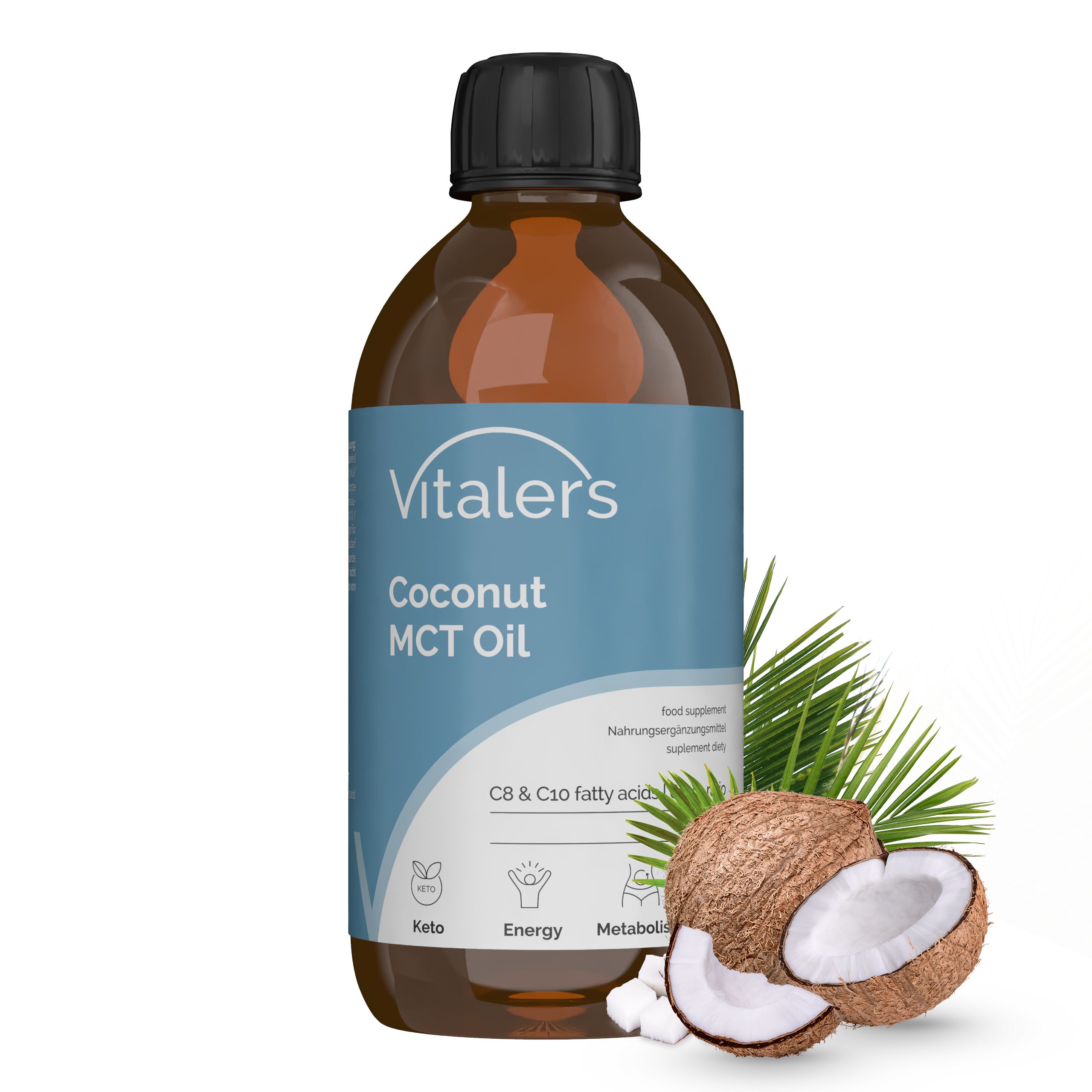 Flasche Vitaler's Kokos MCT Öl mit zwei Kokosnüssen und Palmblättern. Etikett zeigt 'Keto', 'Energy', 'Metabolism', 'Cognition'.