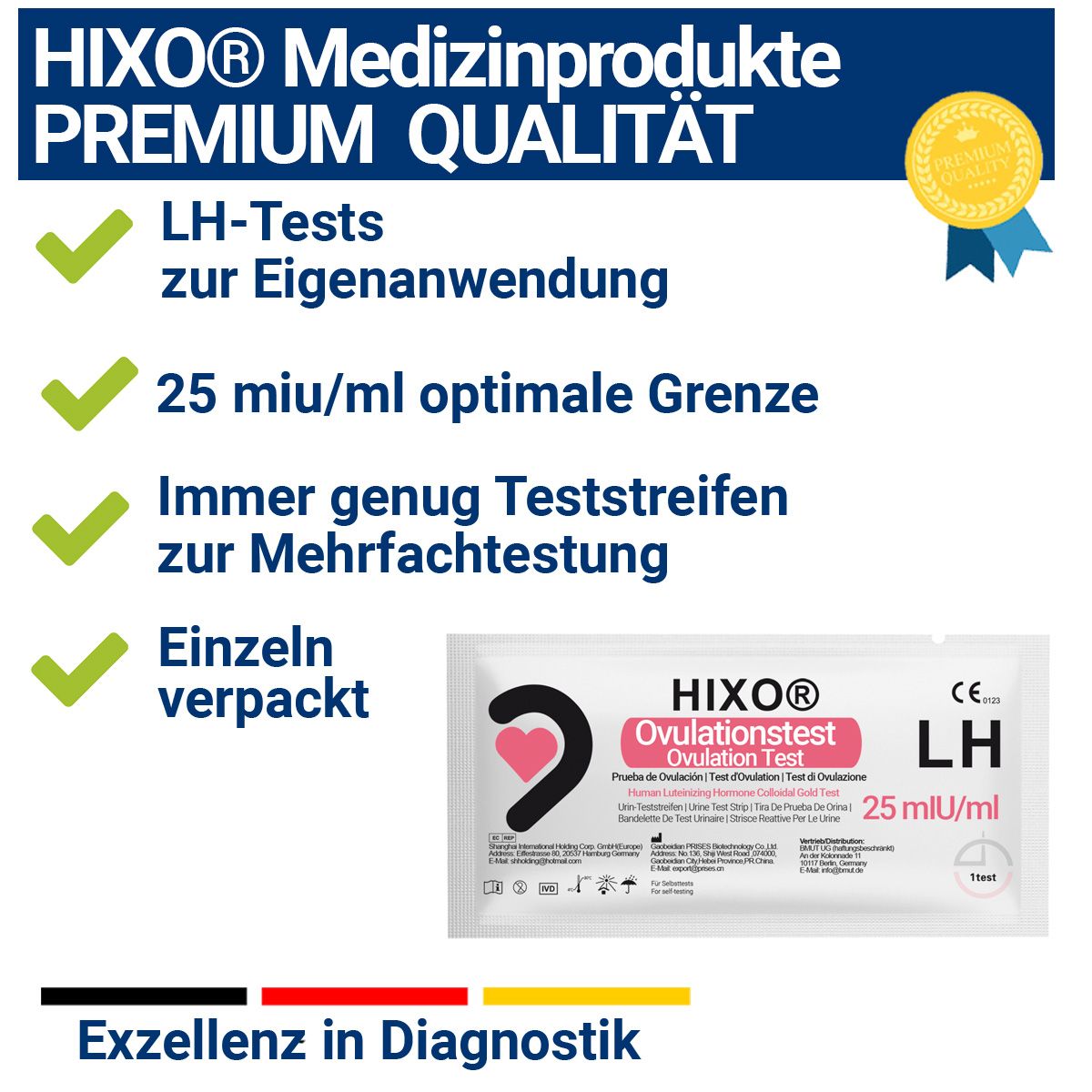 Verpackung mit HIXO Ovulationstest. Aufschrift: HIXO Ovulationstest, LH 25 mIU/ml. CE-Kennzeichnung. Text: Premium Qualität, LH-Tests, einzeln verpackt.