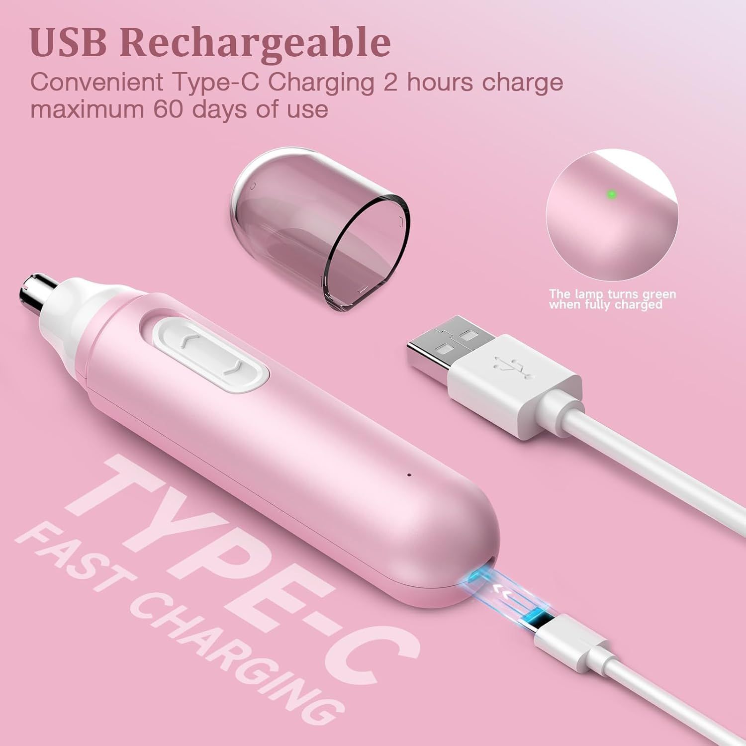 Rosa Nasenhaartrimmer mit USB-Ladekabel. Typ-C-Schnellladung. Ladeanzeige. Transparente Schutzkappe.