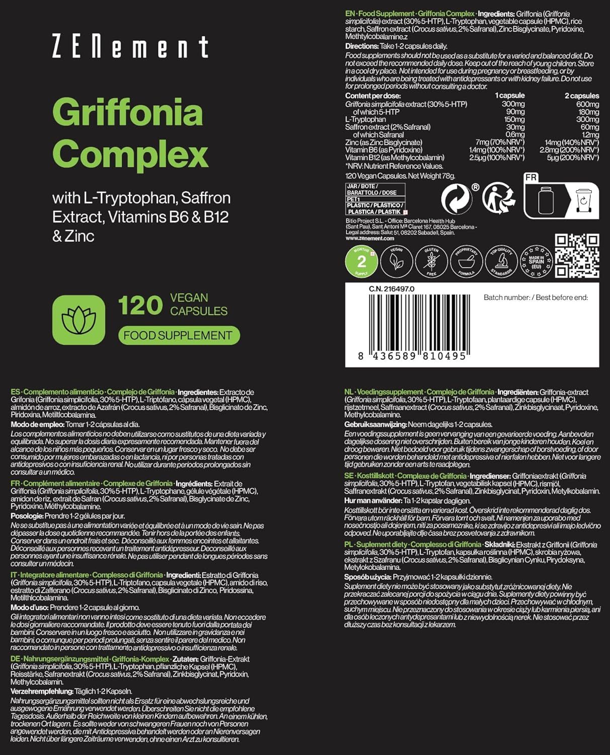Rückseite der Flasche mit Produktinformationen. Text: Zenement Griffonia Complex, 120 vegane Kapseln. Inhaltsstoffe, Nährwertangaben, Chargennummer.