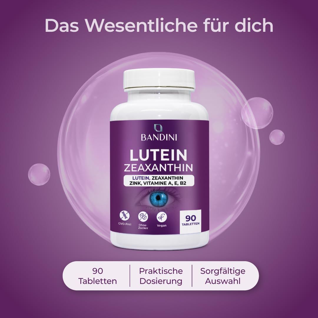 Bandini Lutein Zeaxanthin Flasche mit 90 Tabletten, GVO-frei, ohne Zucker, vegan, mit Zink und Vitaminen A, E, B2.