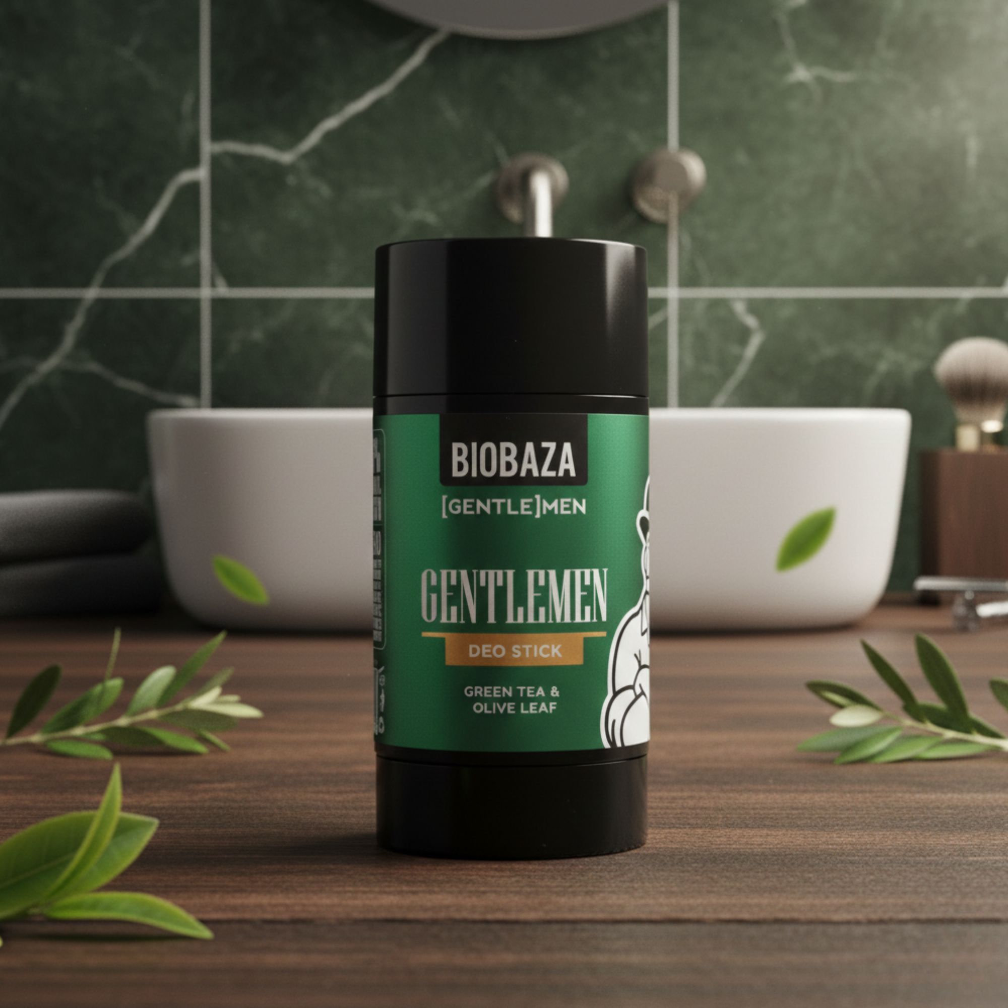 Deo-Stick mit schwarzem Deckel und grüner Etikette. Aufschrift: BIOBAZA, GENTLEMEN, Deo Stick, Grüntee & Olivenblatt. Steht auf Holzoberfläche.