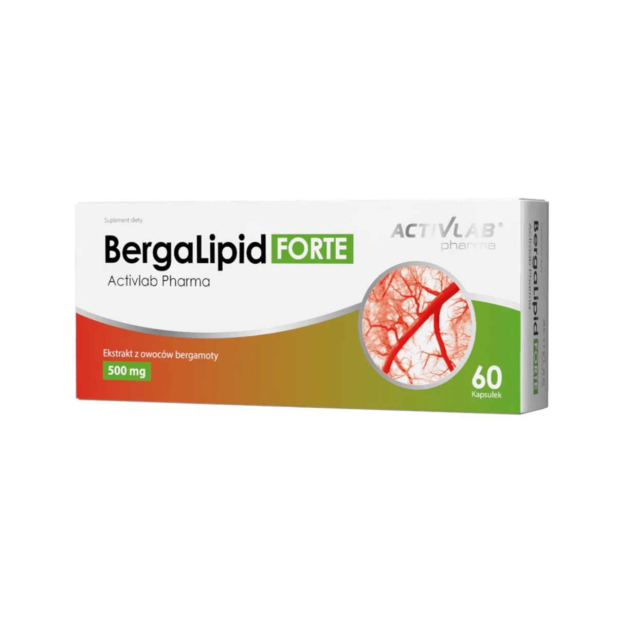 Packung BergaLipid FORTE Kapseln mit 500 mg Bergamotte-Extrakt, 60 Stück.