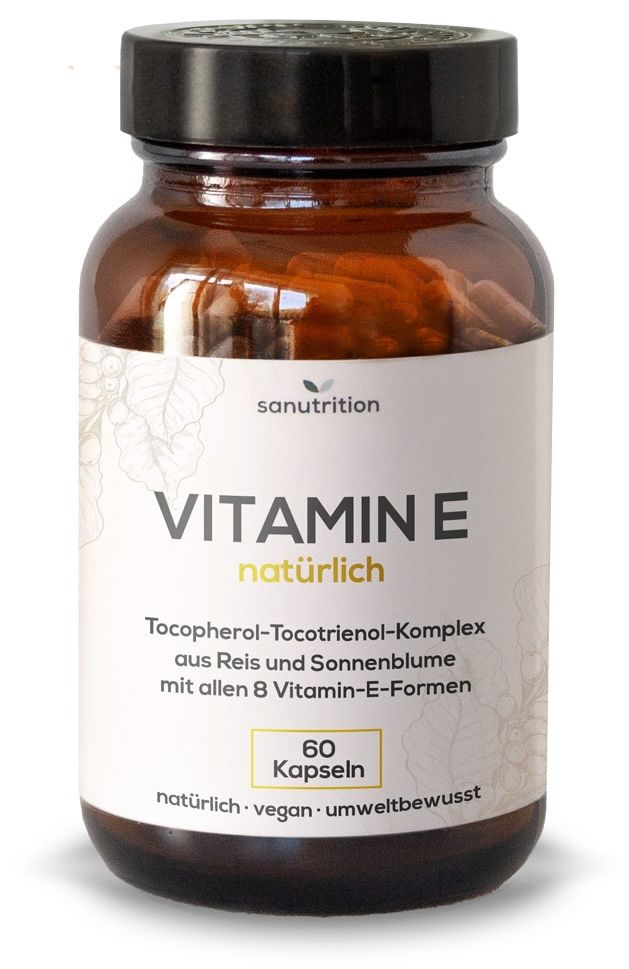 Braune Glasflasche mit Sanutrition Vitamin E Kapseln. Text: Vitamin E natürlich. Enthält 60 Kapseln. Vegan, umweltbewusst.