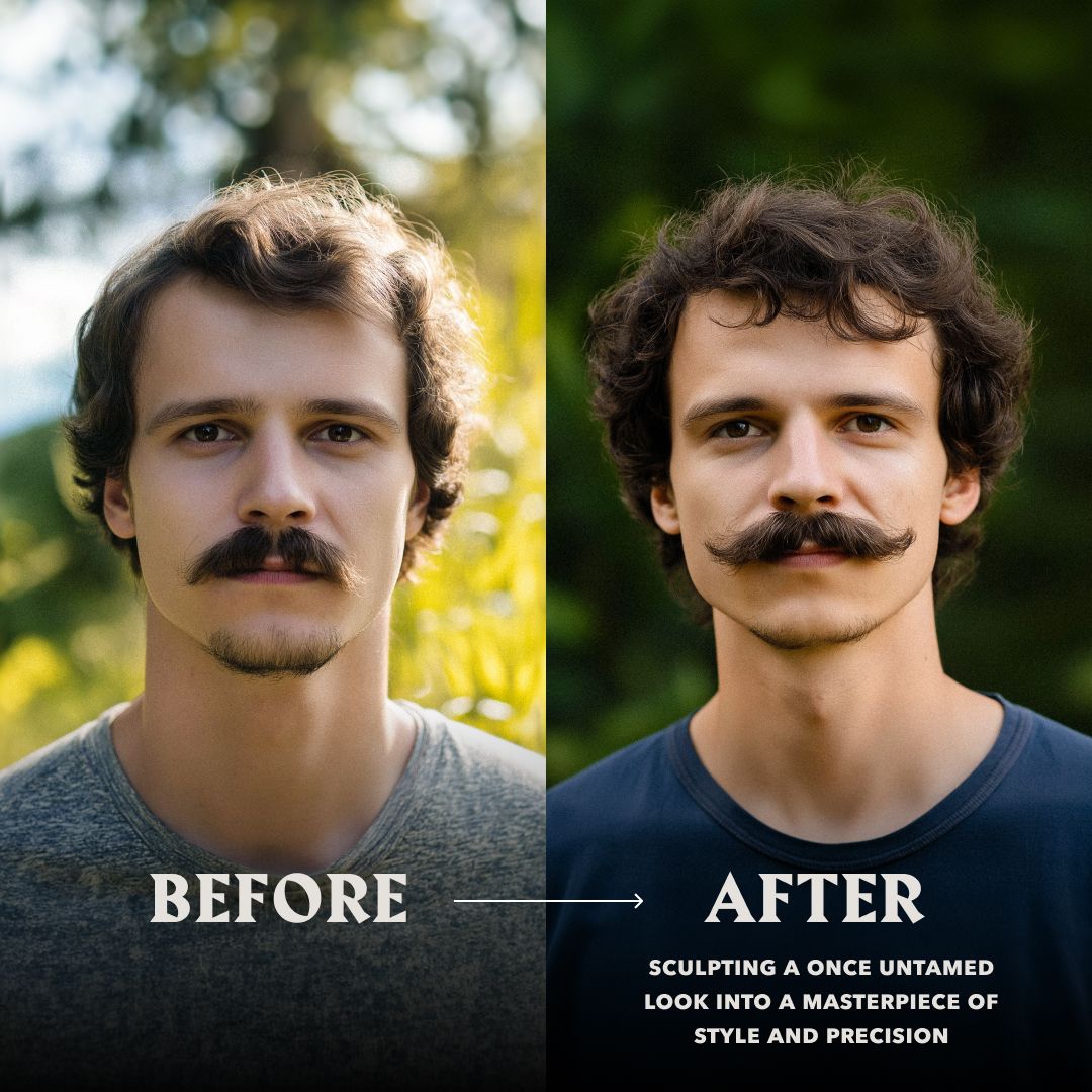 Vorher-Nachher-Vergleich eines Mannes mit Schnurrbart. "Before" und "After".