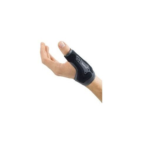 Hand mit Daumenorthese. Schwarz-grau. Text: Dynamics.