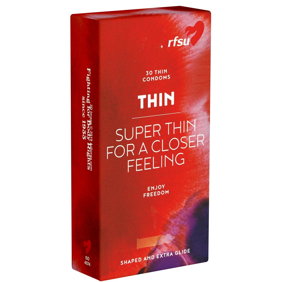 Rote Verpackung mit Aufschrift "THIN". Enthält 30 Kondome. Marke RFSU. Text: "Super Thin for a closer feeling".