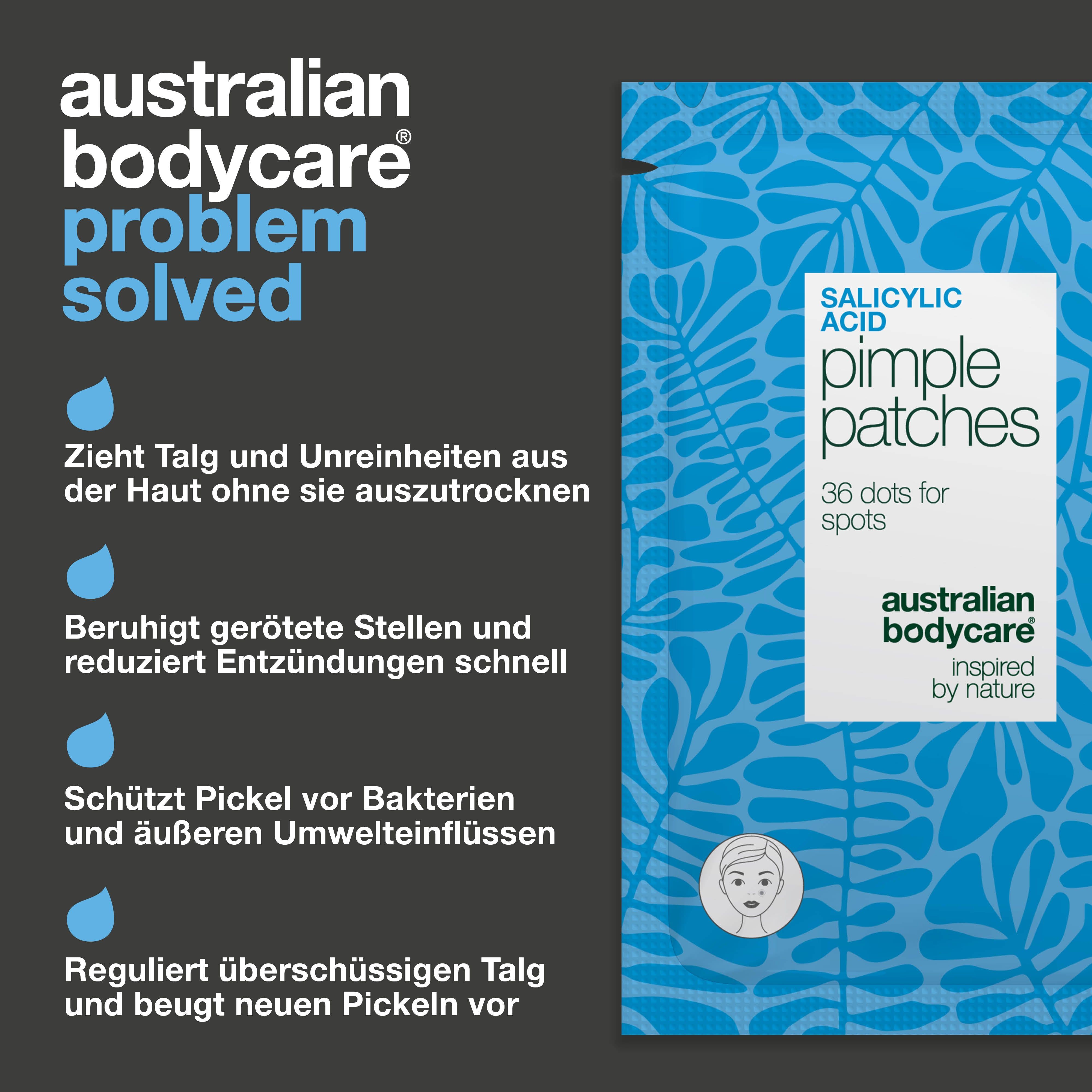 Blau-weiß verpackte Pimple Patches. Text: Australian Bodycare, Problem solved. 36 dots for spots. Produktmerkmale.
