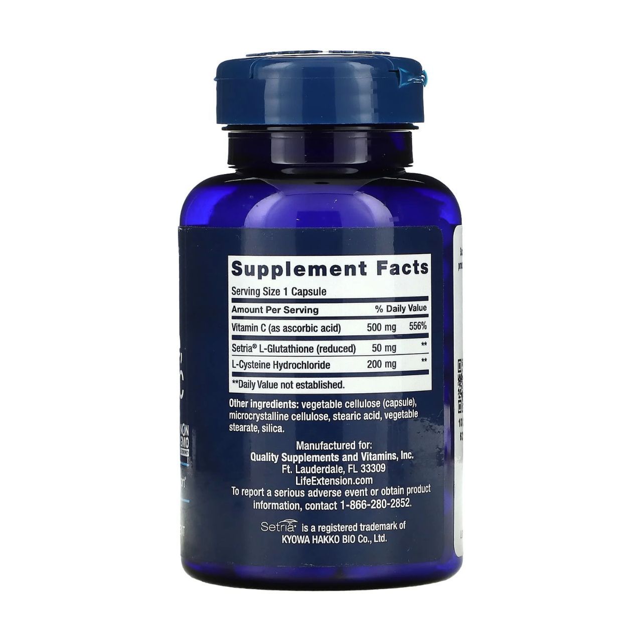 Rückseite eines dunkelblauen Kapselbehälters mit Nährwertangaben für Life Extension Glutathion, Cystein & C.