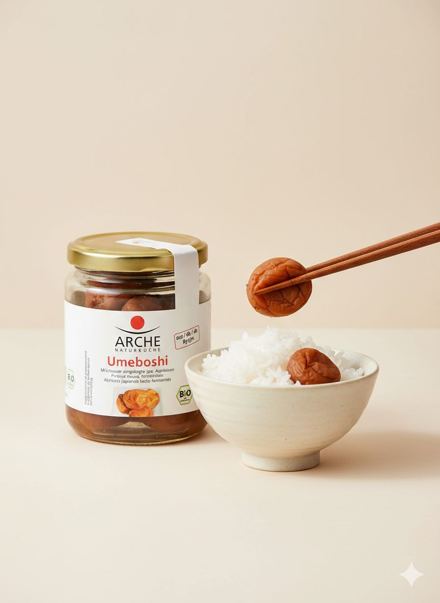 Arche Bio Umeboshi Aprikosen werden mit Stäbchen aus einem Reisgericht genommen.