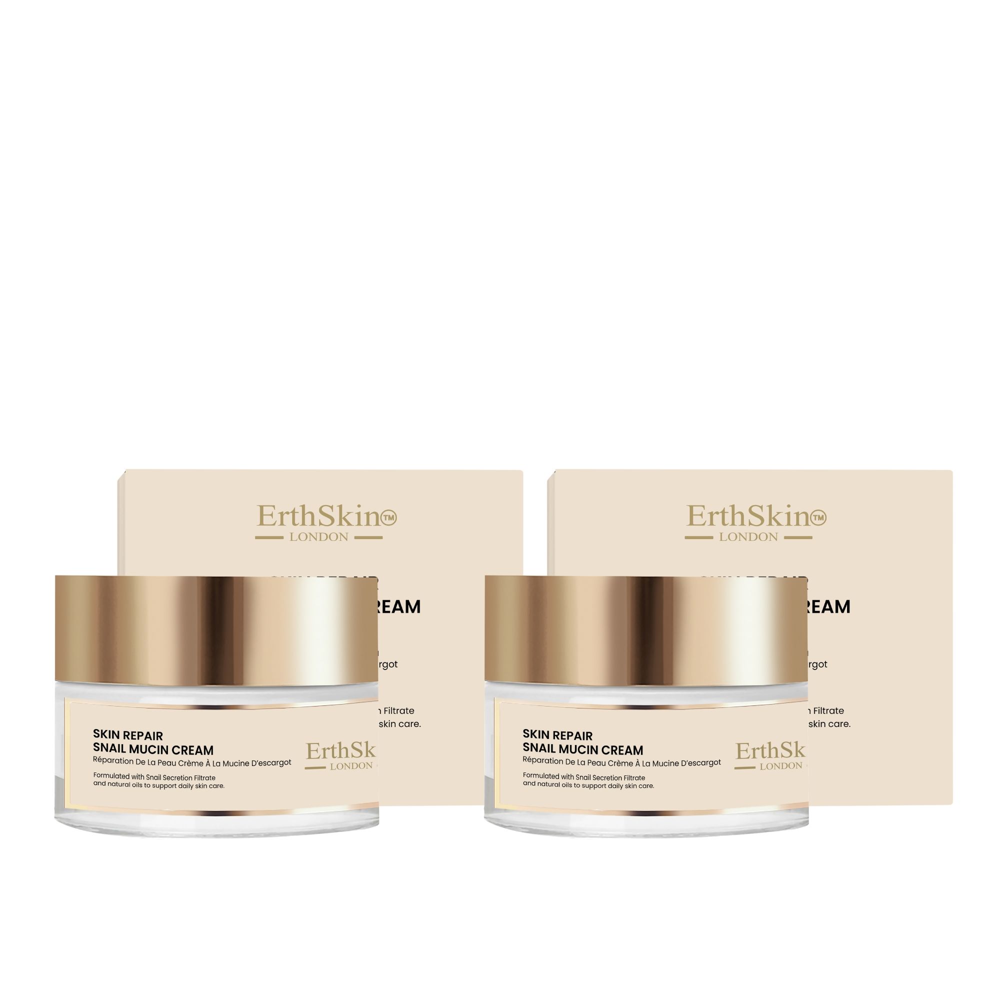 Zwei ErthSkin London Schneckencreme-Tiegel mit goldenen Deckeln und Kartons.
