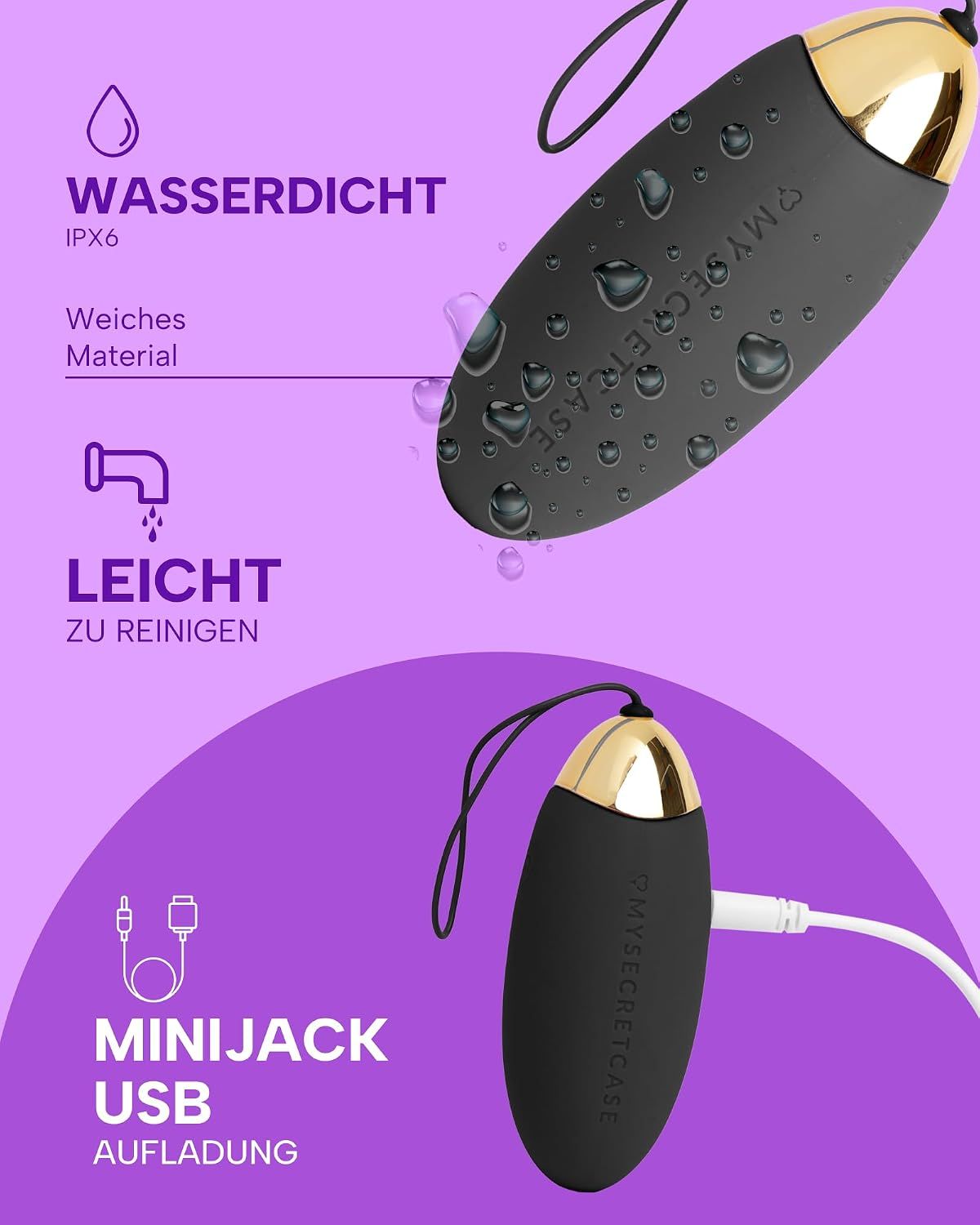 Schwarzer Vibrator, wasserdicht (IPX6), leicht zu reinigen, USB-Ladeanschluss.