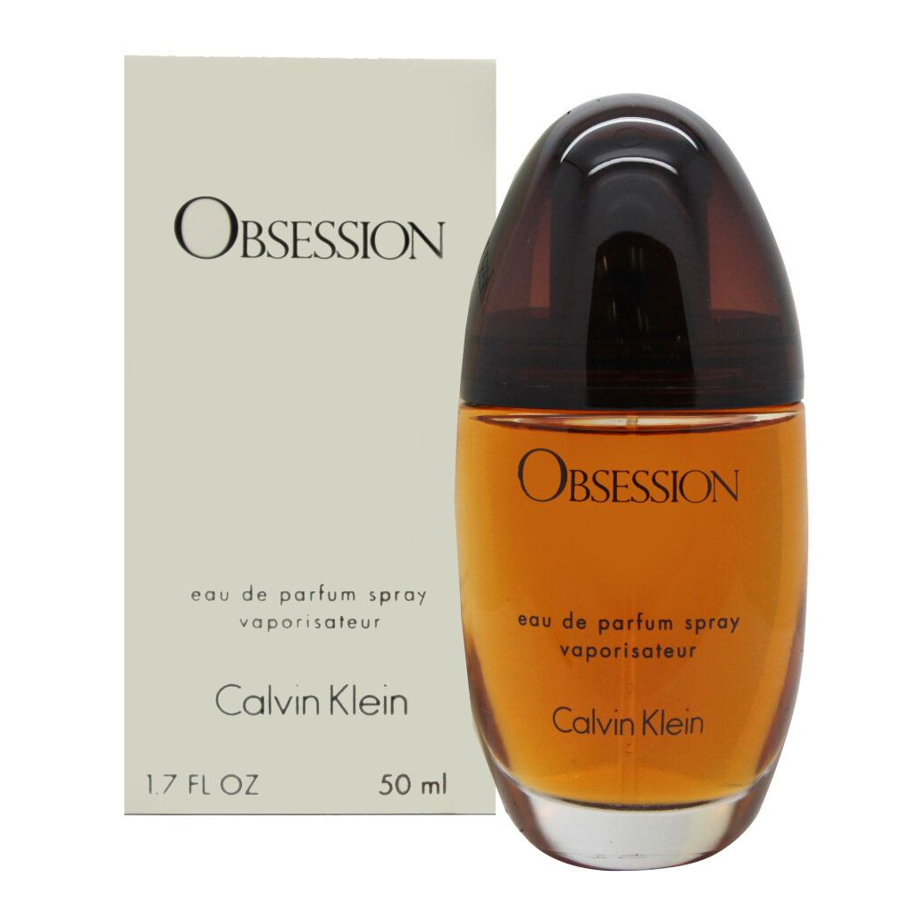 Parfumflasche und Verpackung. Flasche mit braunem Deckel, Obsession-Logo. Verpackung mit Obsession-Logo, Calvin Klein, 1.7 FL OZ, 50 ml.