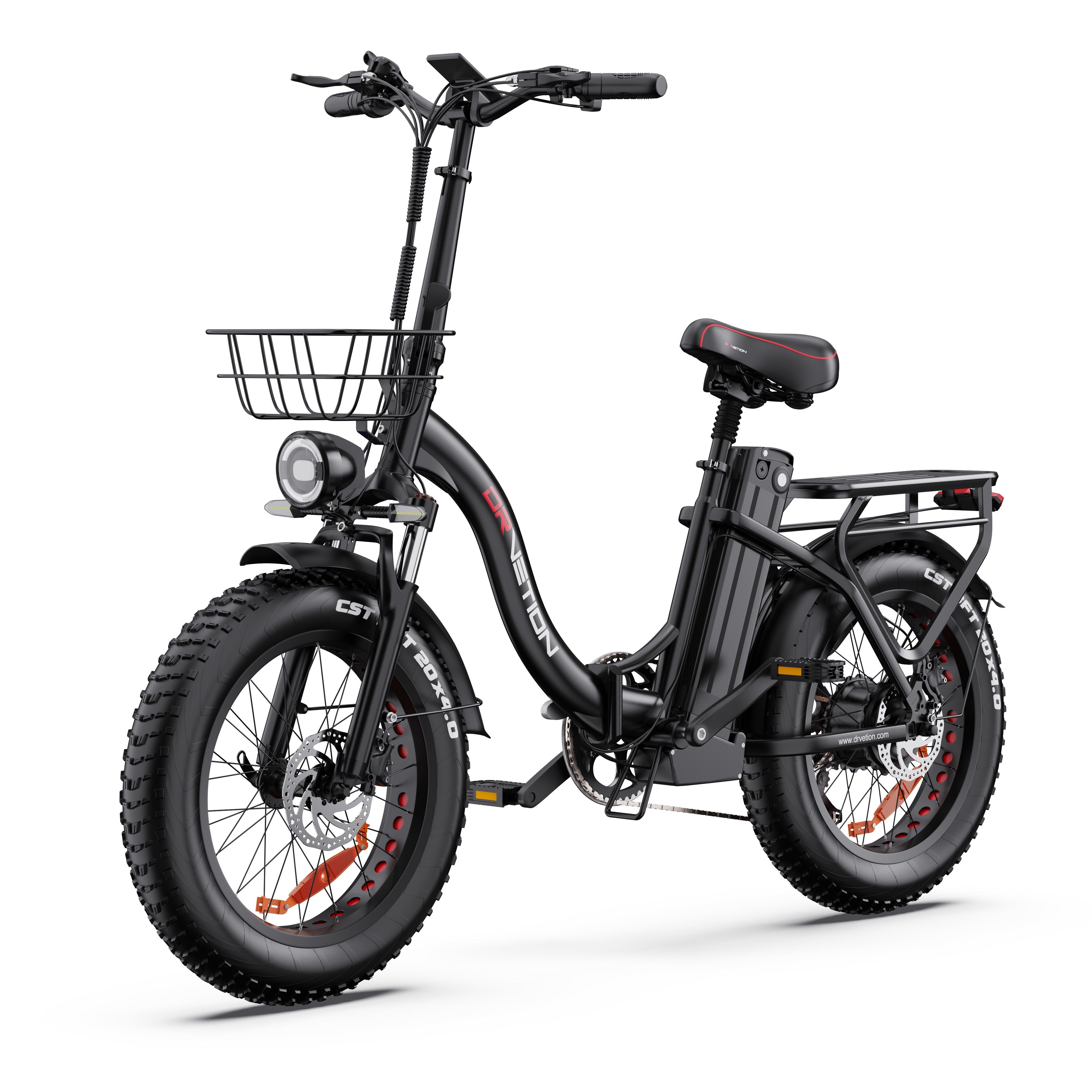 Schwarzes E-Bike mit Korb, Gepäckträger und fetten Reifen. Marke DRVETION.