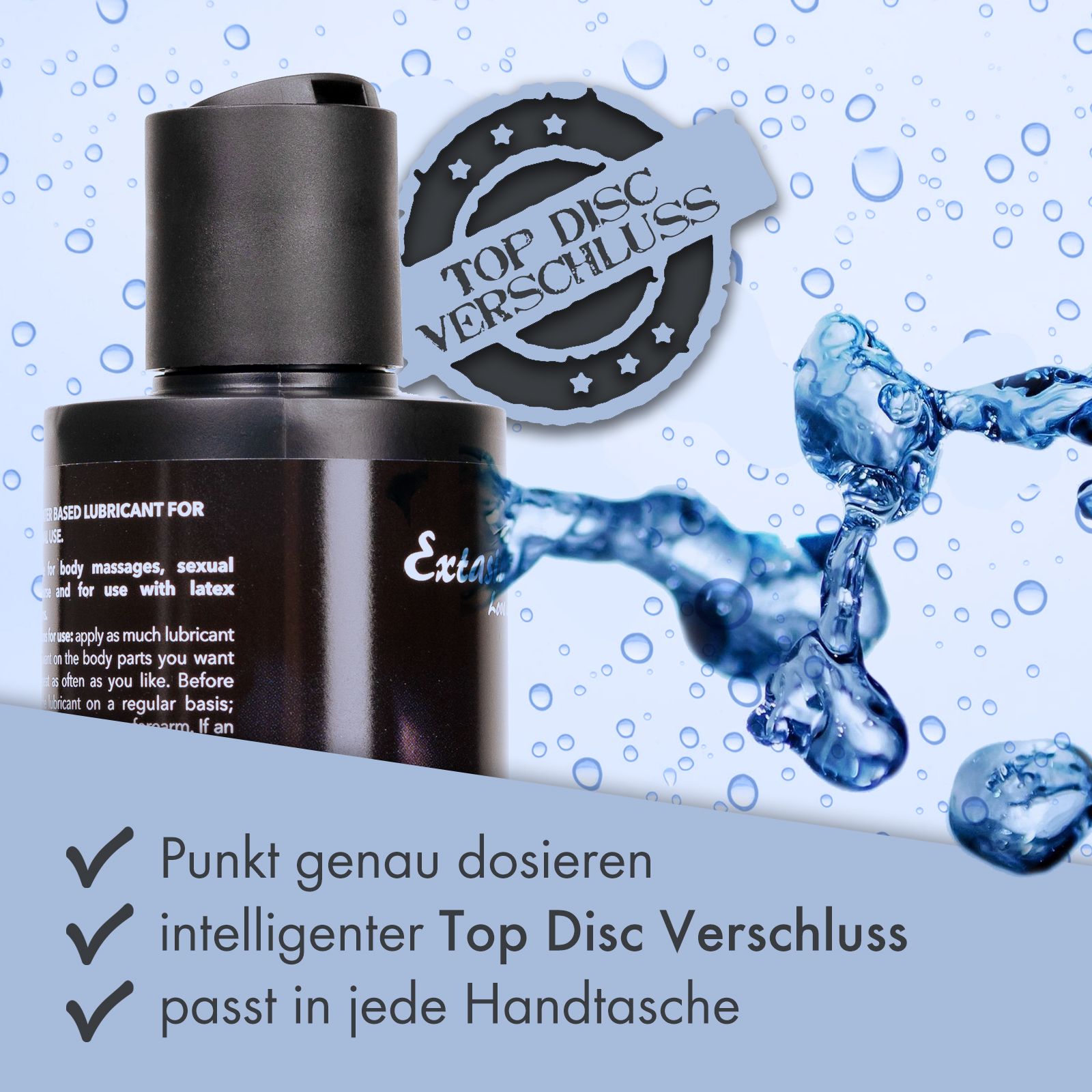 Schwarze Flasche mit schwarzem Klappverschluss, Wasser-Gleitmittel.