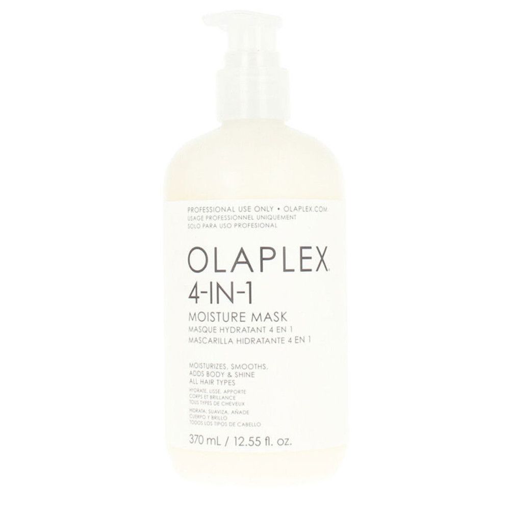 Olaplex 4-in-1 Moisture Mask. Weiße Flasche mit Pumpverschluss. Produktbezeichnung und Text auf dem Etikett.