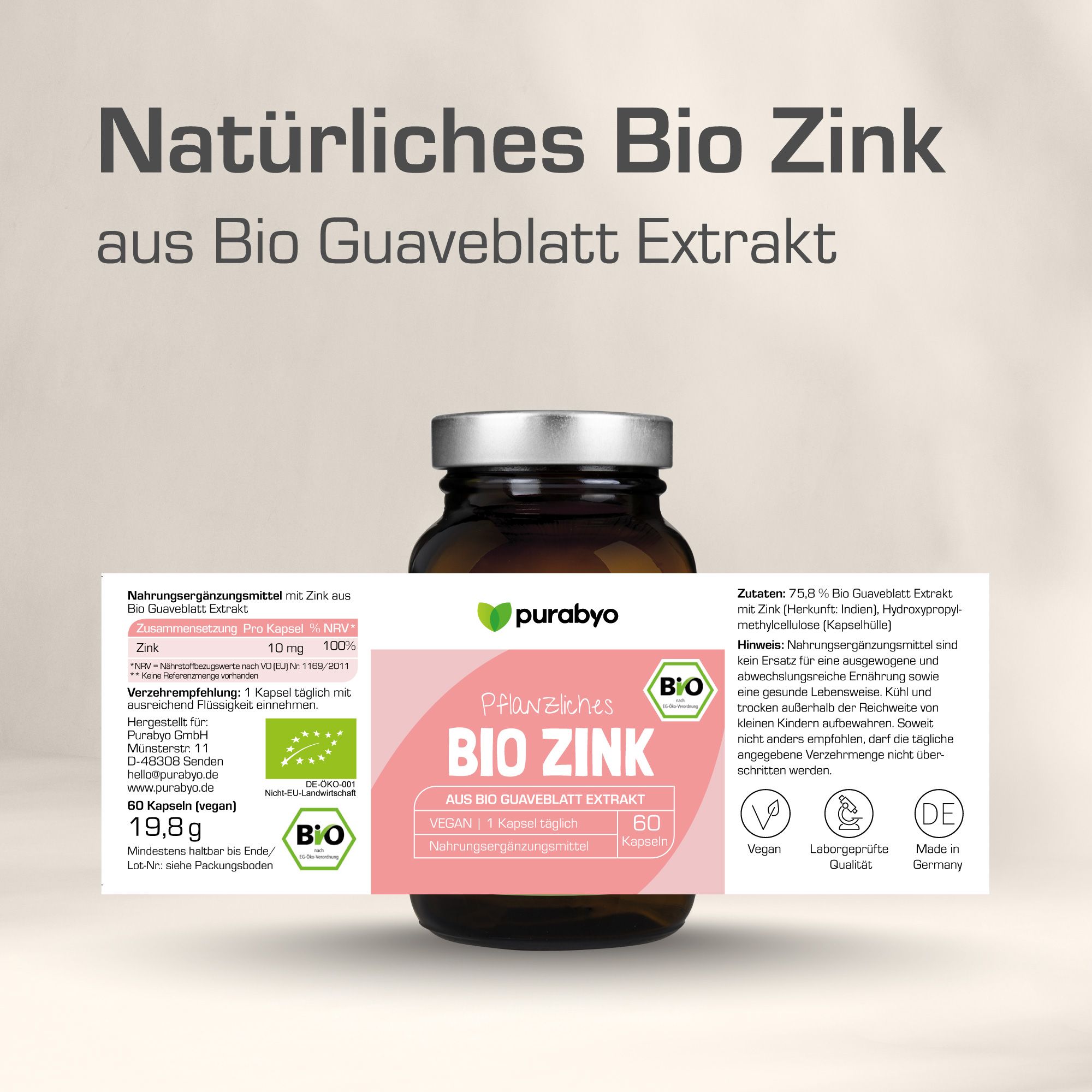 Braune Glasflasche mit purabyo Bio Zink Kapseln. Enthält 10 mg Zink. Vegan. 60 Kapseln. Aus Bio Guavenblatt Extrakt.