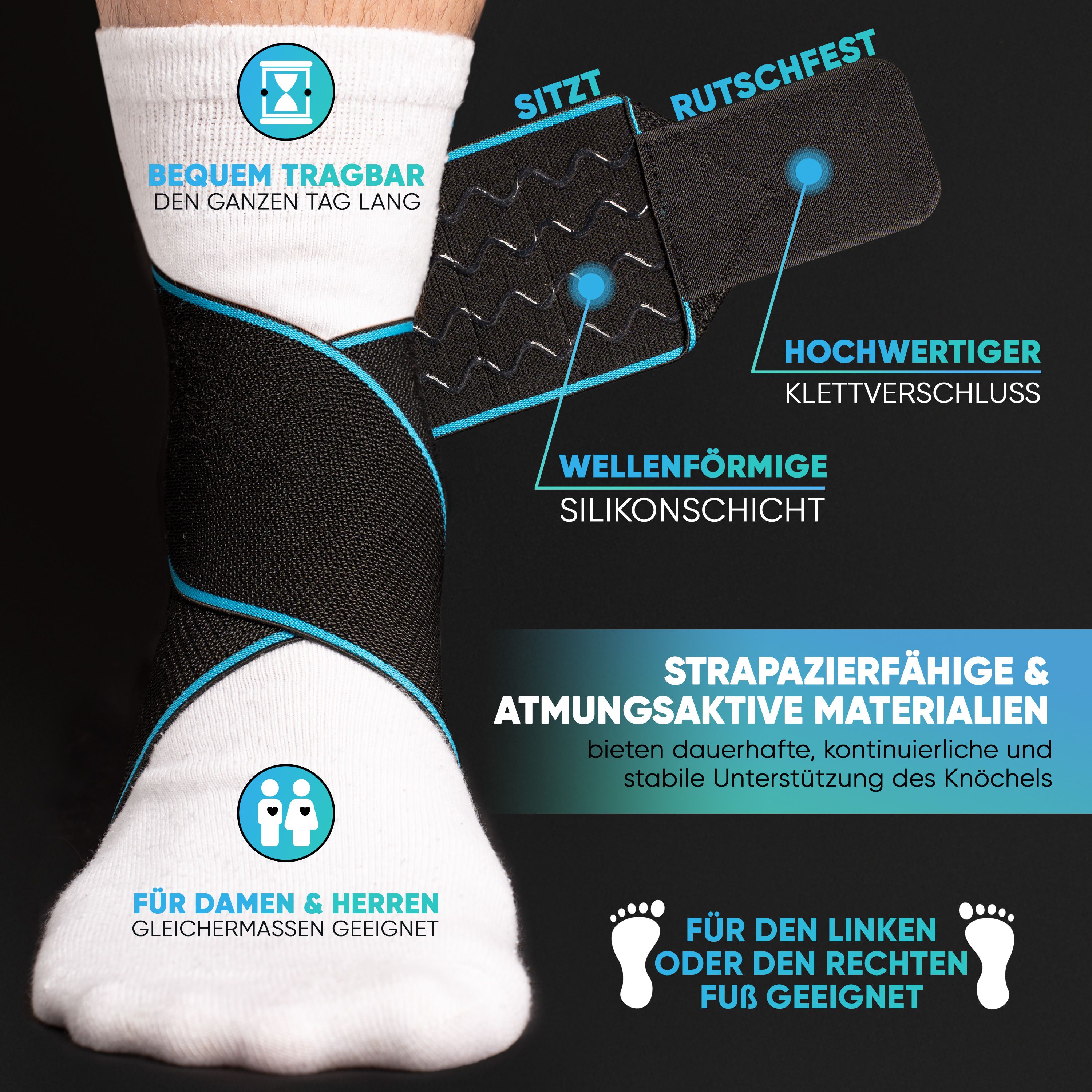 Knöchelbandage am Bein. Text: Bequem tragbar, rutschfest, hochwertiger Klettverschluss, wellenförmige Silikonschicht. Für Damen & Herren.