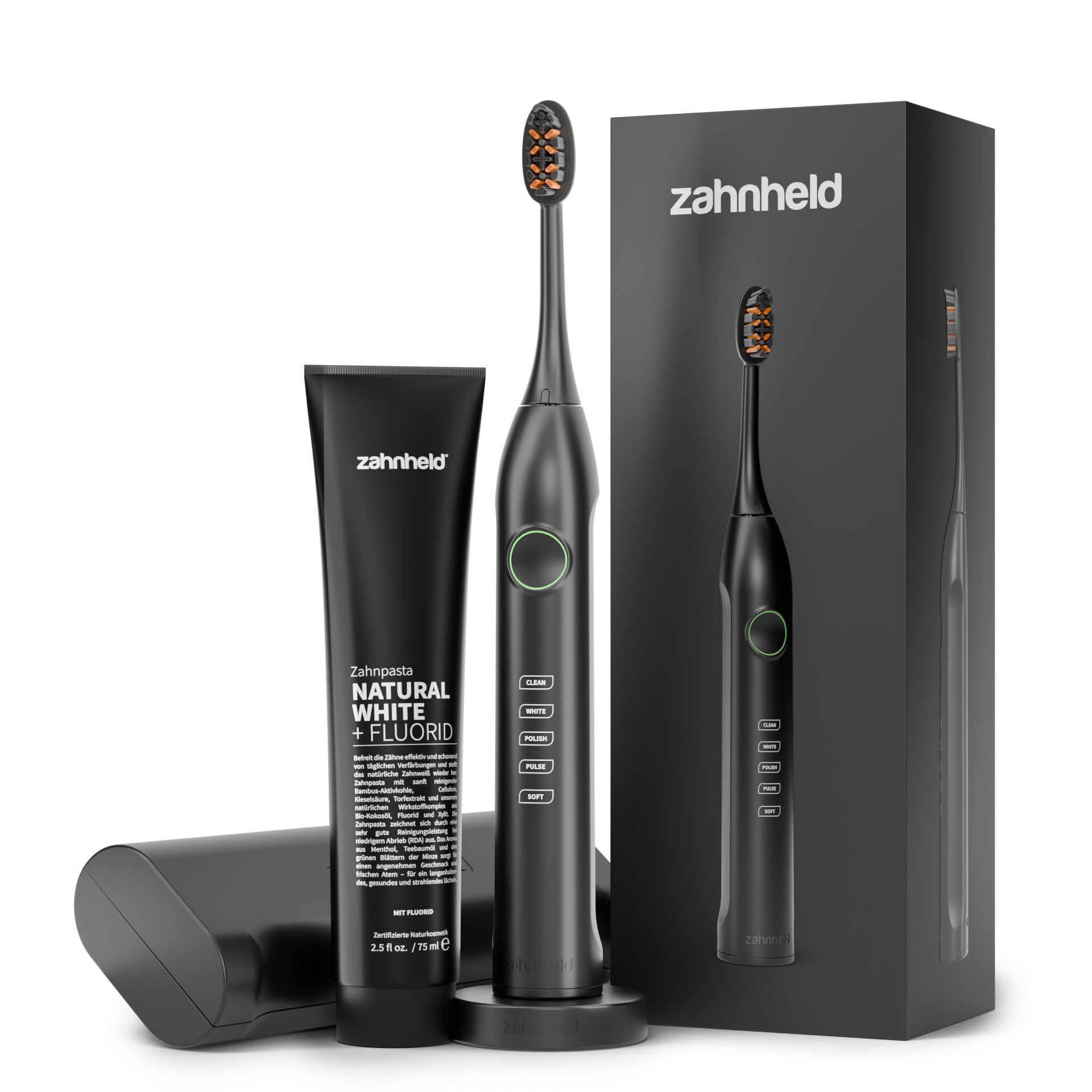 Zahnbürste, Zahnpasta und Etui. Text: Zahnheld Natural White + Fluorid. Schwarze Verpackung mit Produktabbildung und Logo.