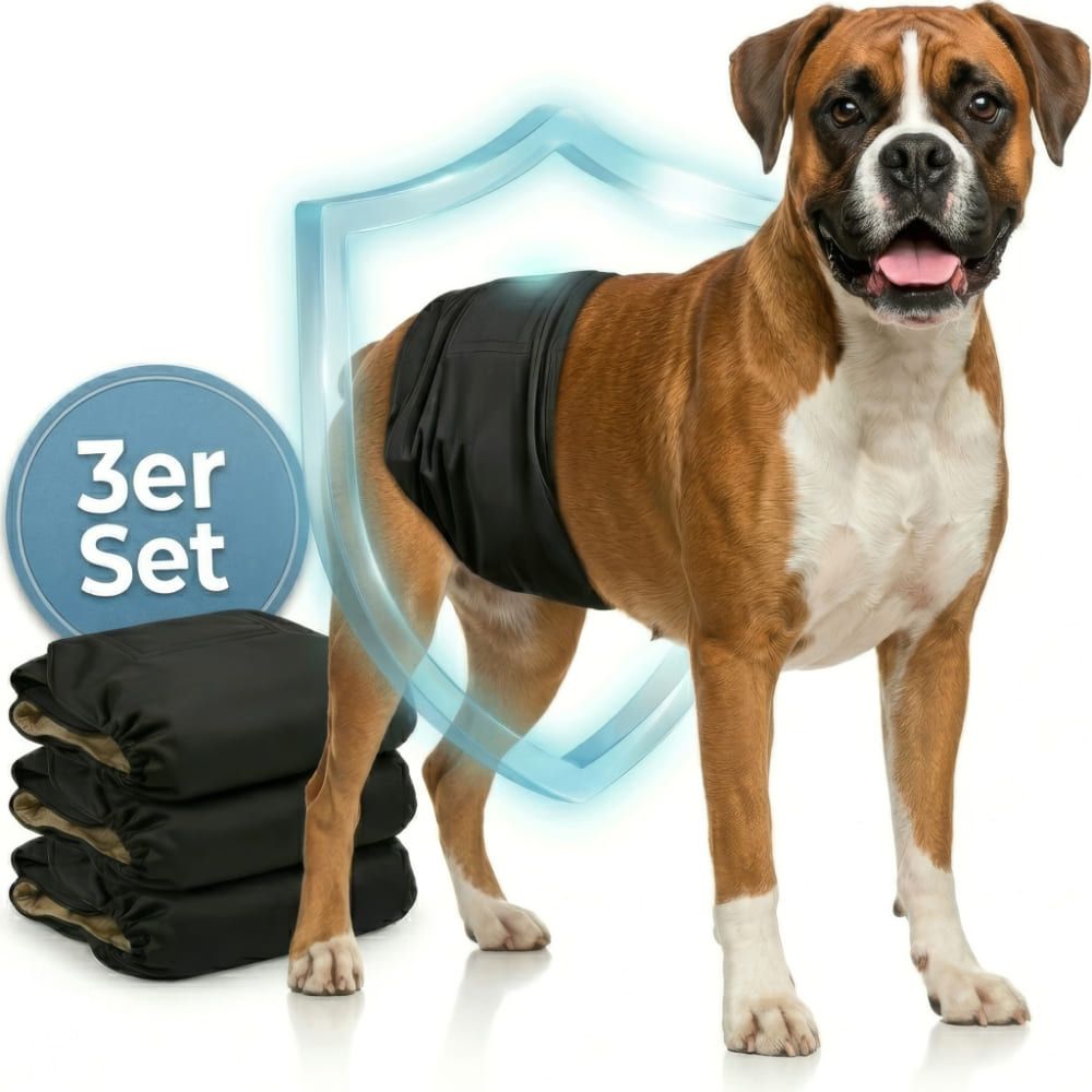 Hundewindel für Rüden, schwarz, am Hund. 3er Set. Schild-Symbol.