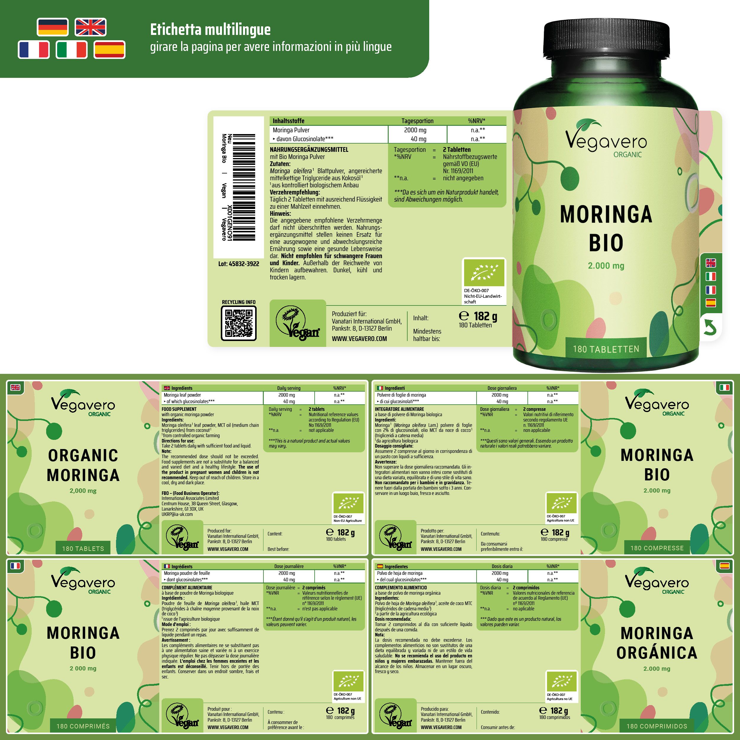 Produktverpackung mit Etiketten in mehreren Sprachen. Zeigt Nährwertangaben und Zertifizierungen. 180 Tabletten.
