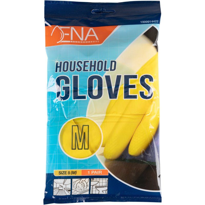 Verpackung mit gelben Haushaltshandschuhen. Aufschrift: HOUSEHOLD GLOVES, Größe M, 1 Paar. Marke: ENA.
