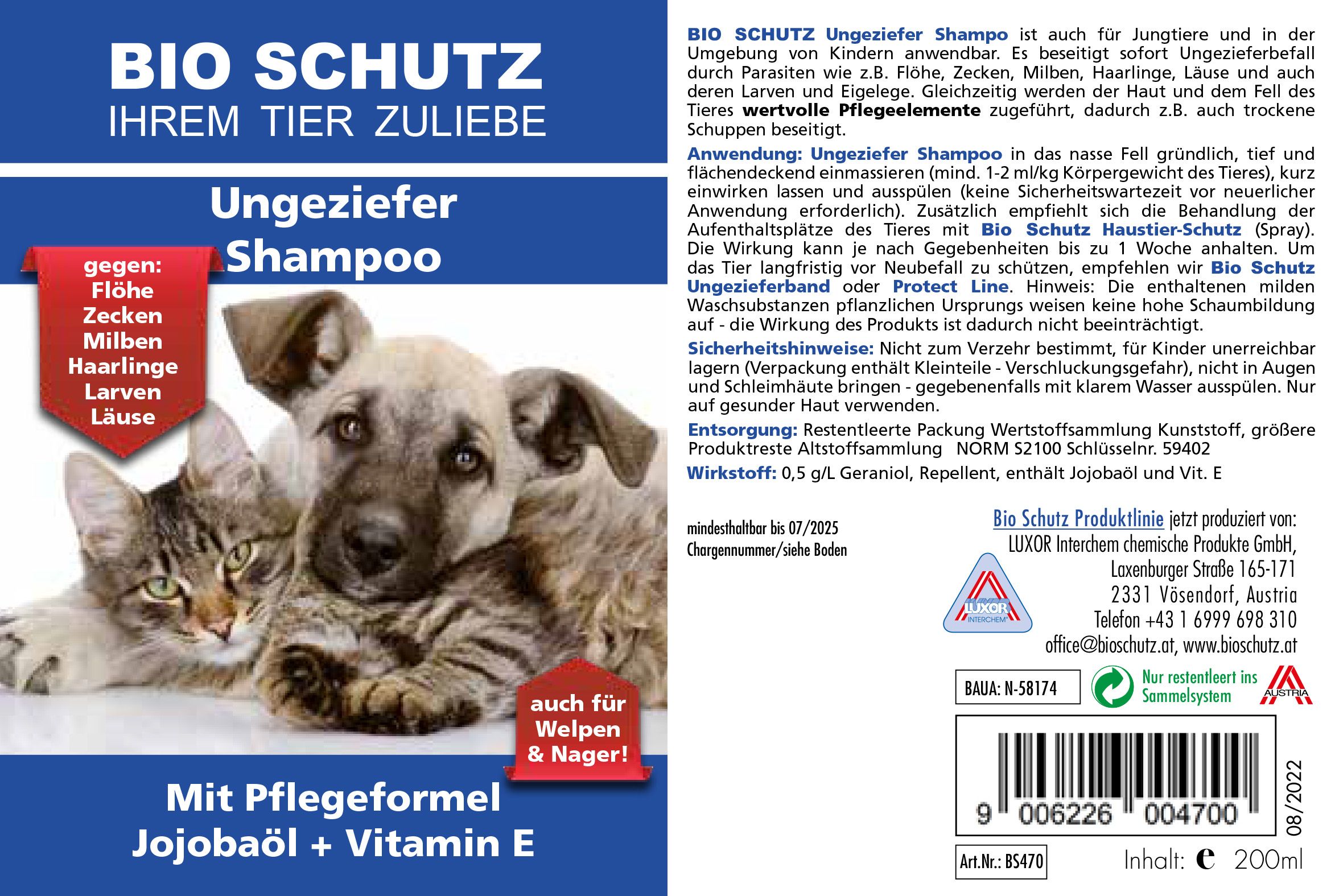 Produktetikett mit Text und Abbildung von Katze und Hund. Text: BIO SCHUTZ, Ungeziefer Shampoo. Mit Jojobaöl + Vitamin E. Auch für Welpen & Nager!
