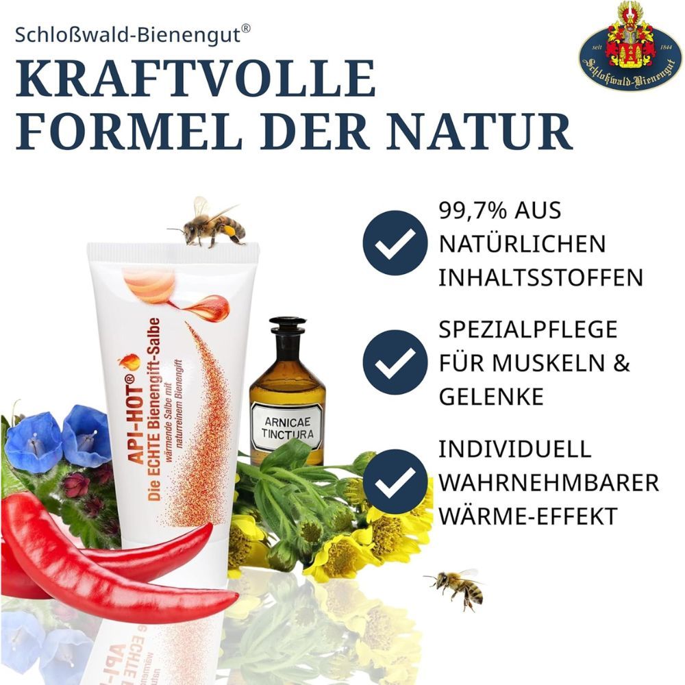 Werbung für API-HOT® Bienengift-Salbe.  Tube, Arnica-Tinktur, Chili, Blumen.  99,7% natürliche Inhaltsstoffe.