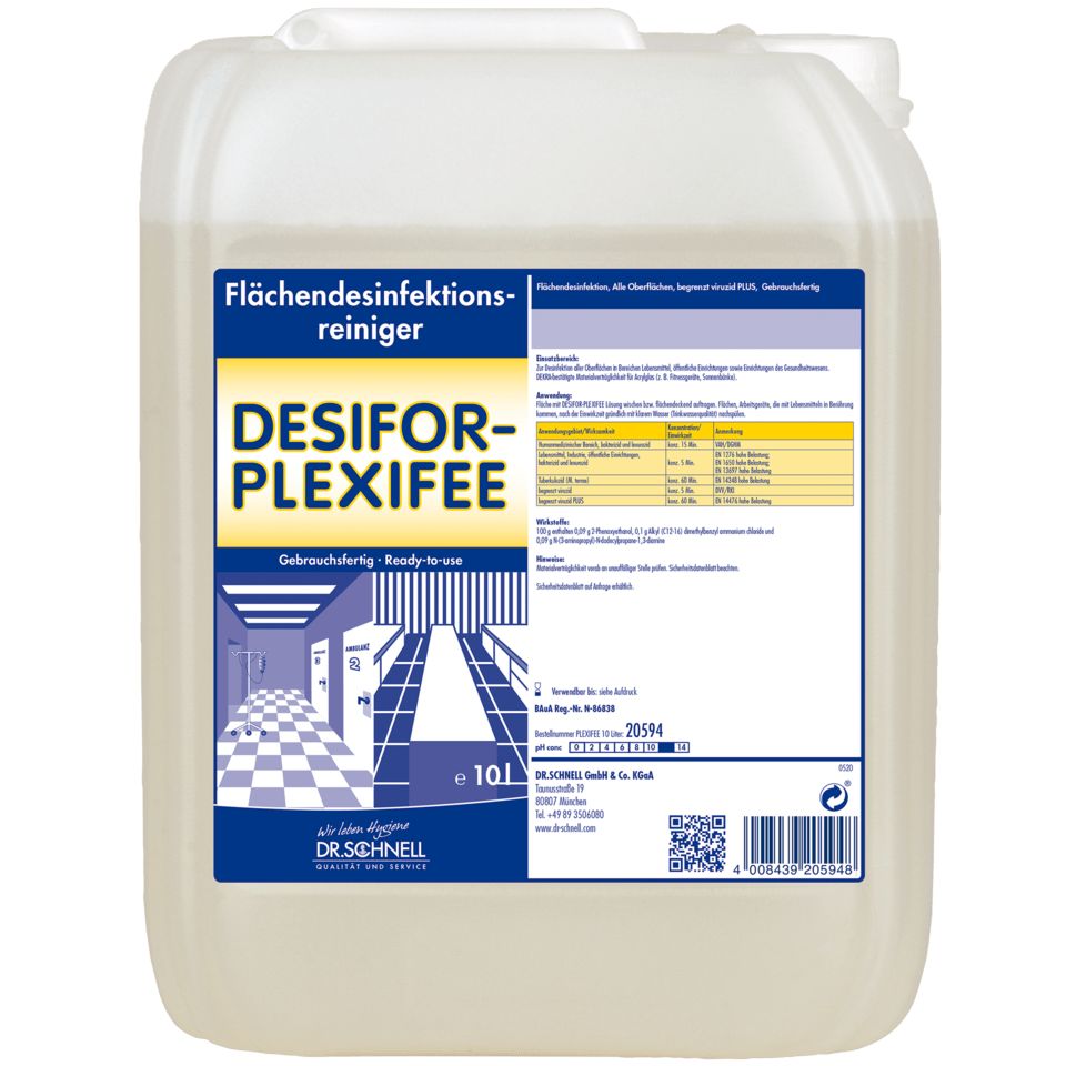Kanister mit Etikett. Aufschrift: DESIFOR-PLEXIFEE Flächendesinfektionsreiniger. Marke: Dr. Schnell. Volumen: 10L.