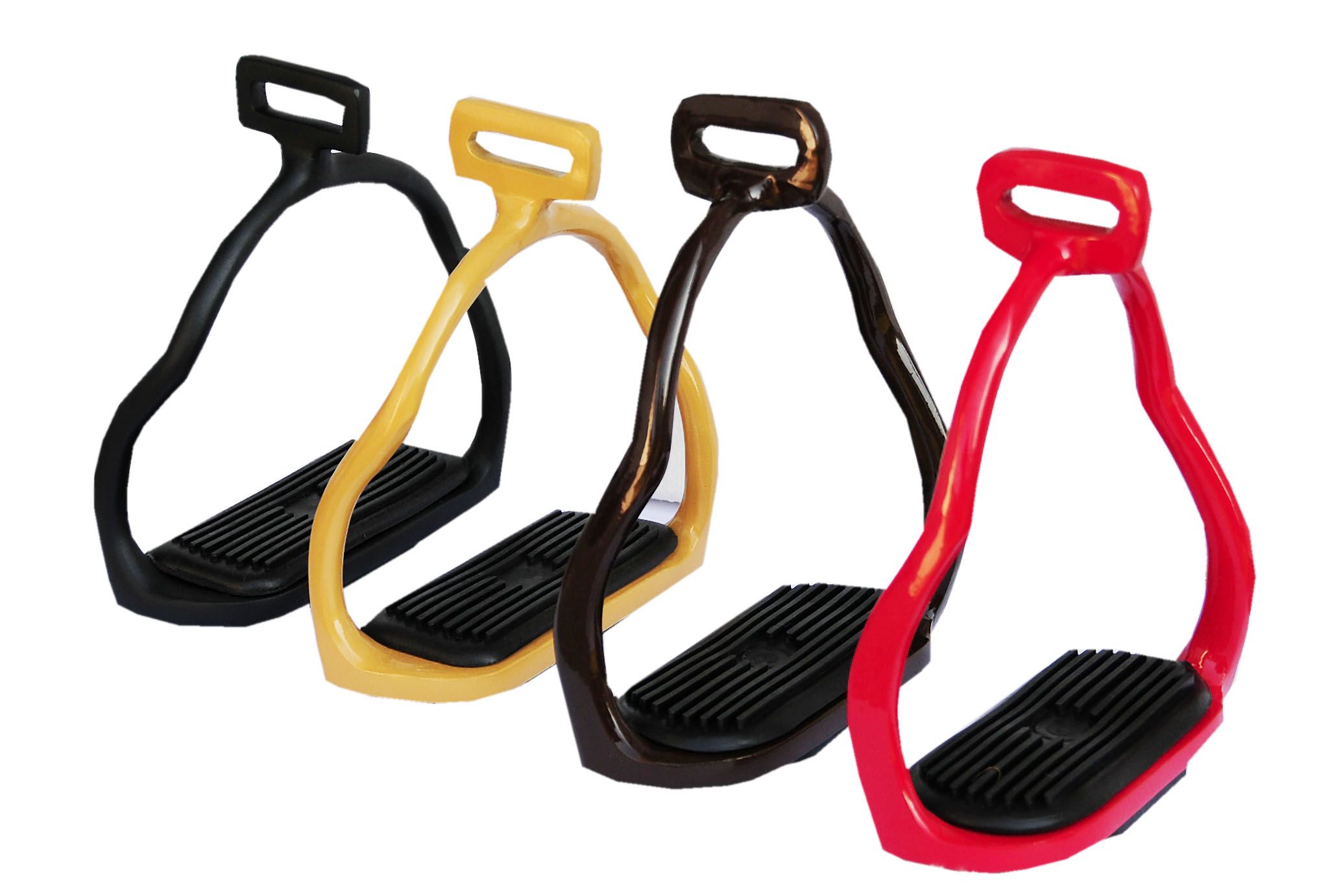 Vier Islandsteigbügel aus Aluminium in Schwarz, Gelb, Braun und Rot. Mit 90° gedrehter Form und schwarzer Trittfläche.