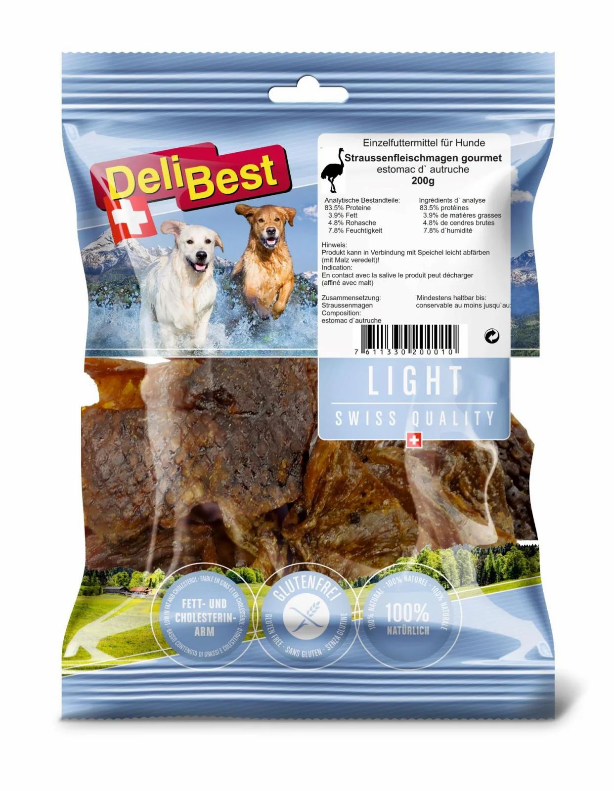 Hundefutterbeutel mit Straußenfleisch, 200g. "DeliBest" Logo, "Light Swiss Quality" Aufschrift.