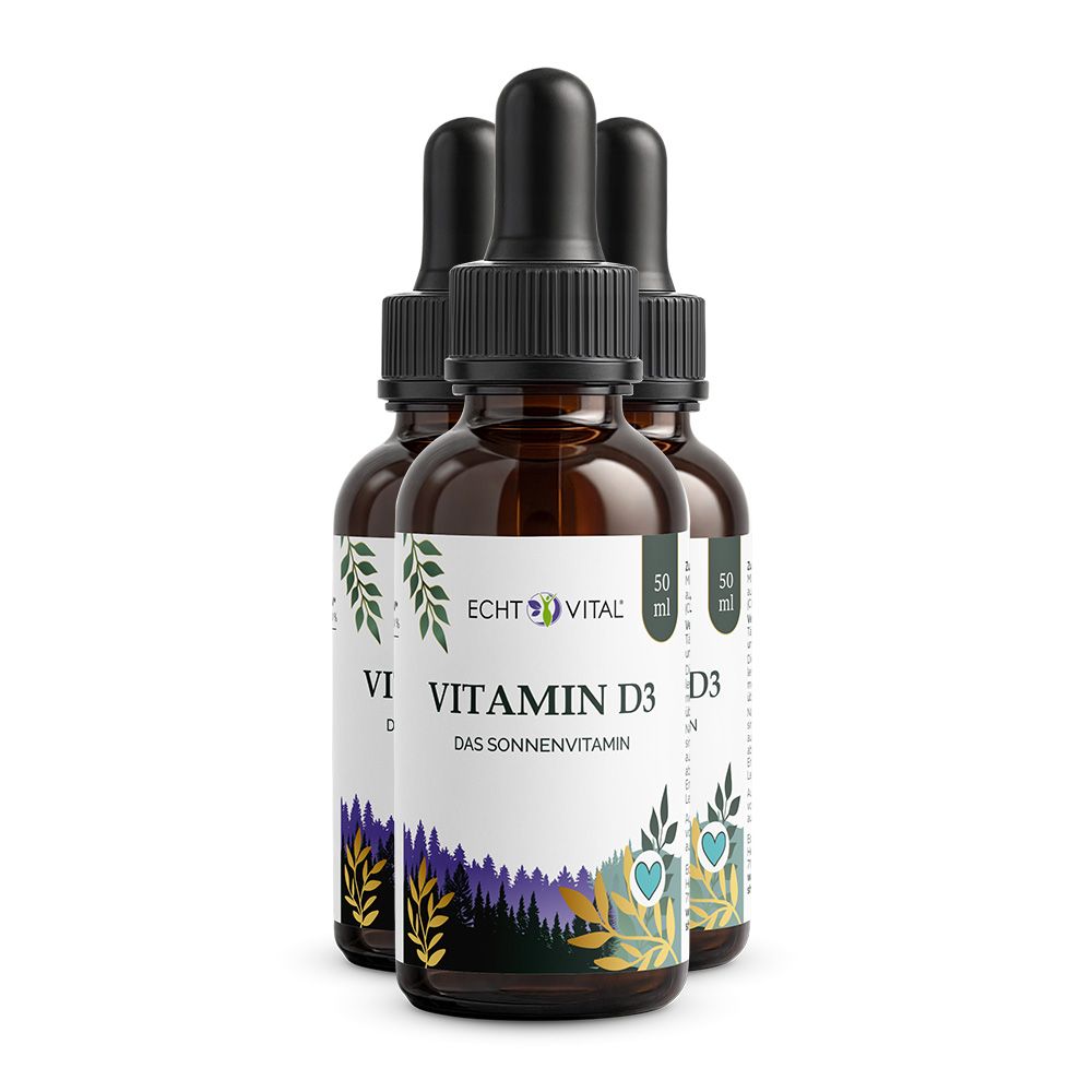 Drei braune Flaschen mit schwarzen Deckeln. Etikett mit Text: Echt Vital Vitamin D3, 50 ml.