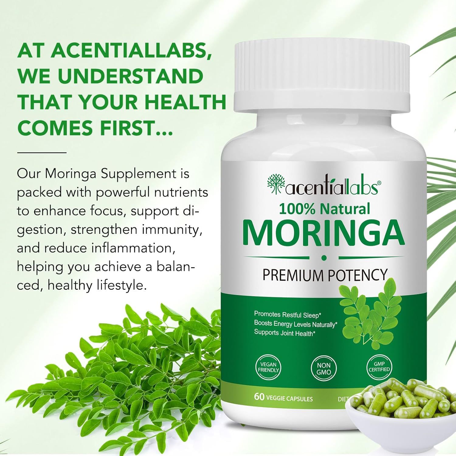 Zoxpm Moringa Kapseln: Flasche mit Text über Nährstoffe zur Verbesserung von Fokus, Verdauung und Immunität.