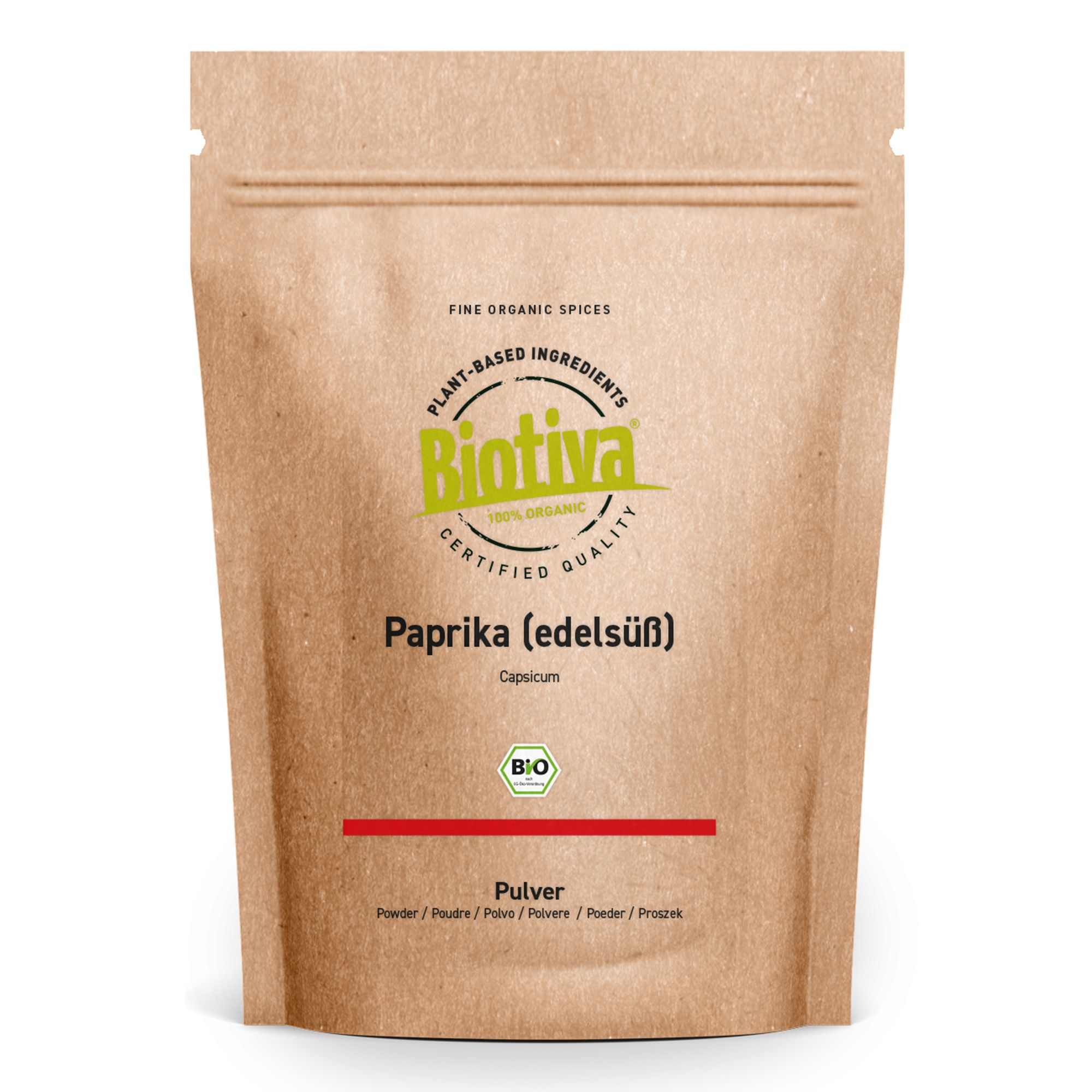 Biotiva Paprika edelsüß gemahlen Bio in brauner Papiertüte.