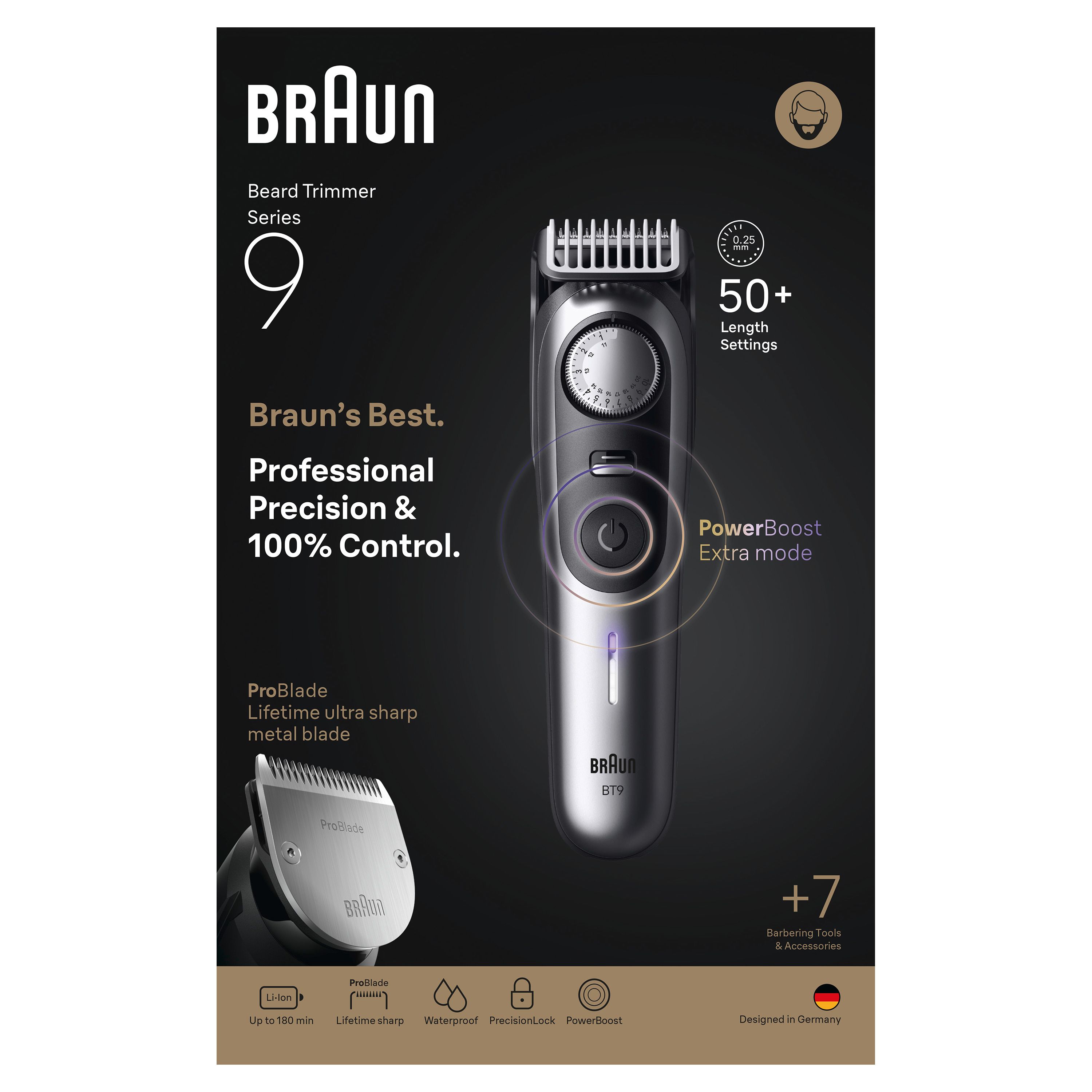 Verpackung des Braun Barttrimmer Series 9 BT9520 mit Produktabbildung.