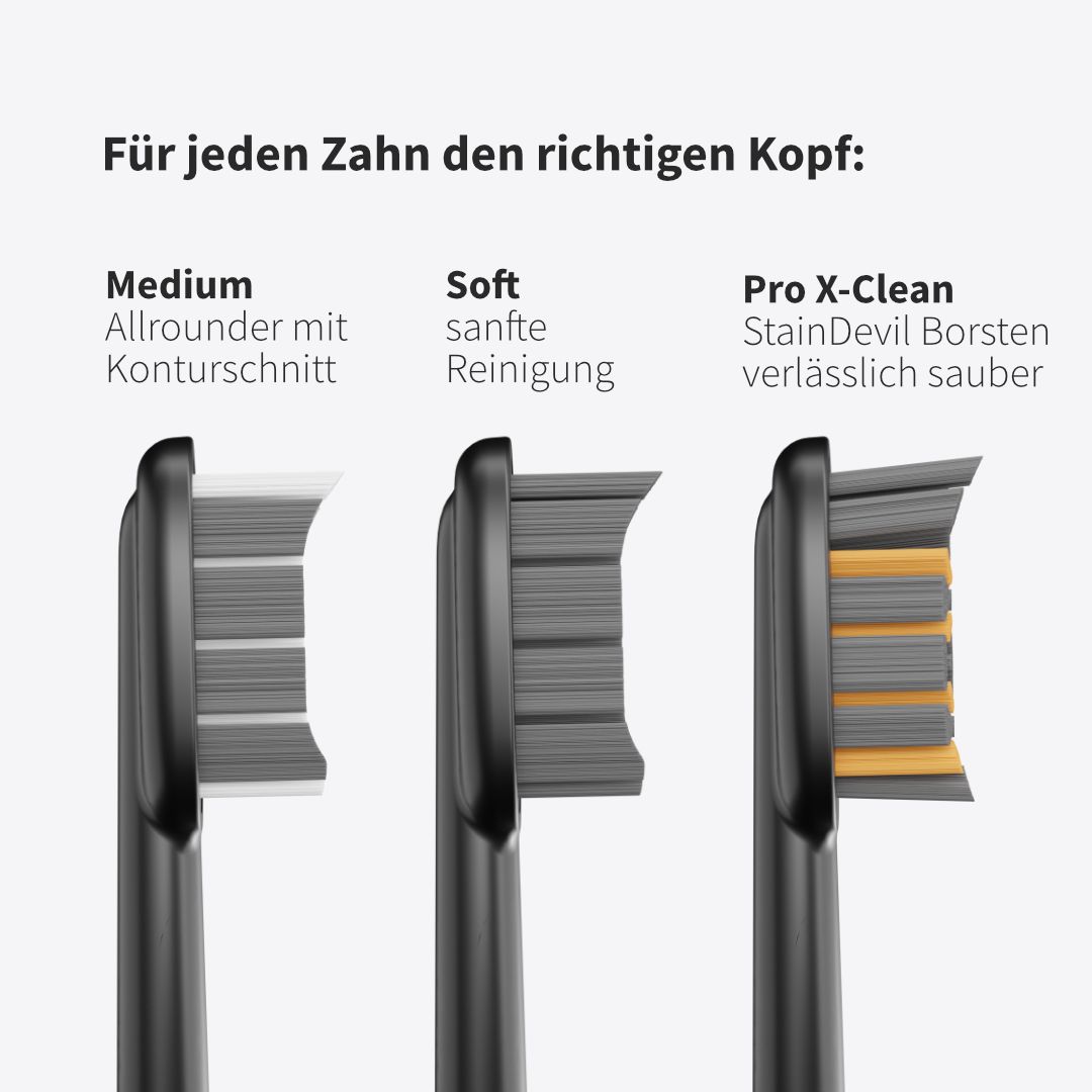 Drei Bürstenköpfe nebeneinander. Text: Für jeden Zahn den richtigen Kopf: Medium, Soft, Pro X-Clean.