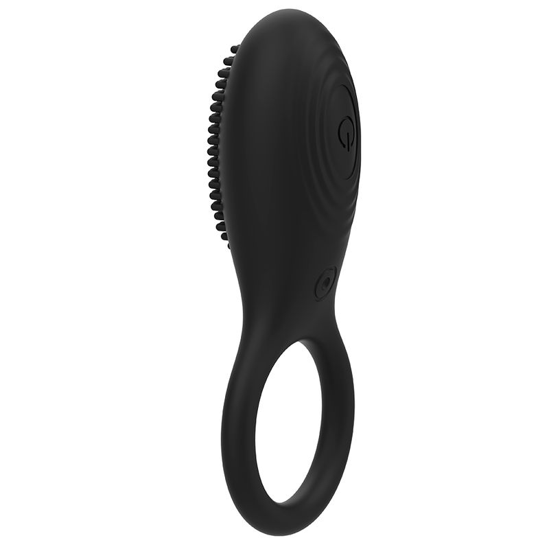 Schwarzer Vibrationsring mit glatter Oberfläche und einem Knopf. CE-Kennzeichnung.