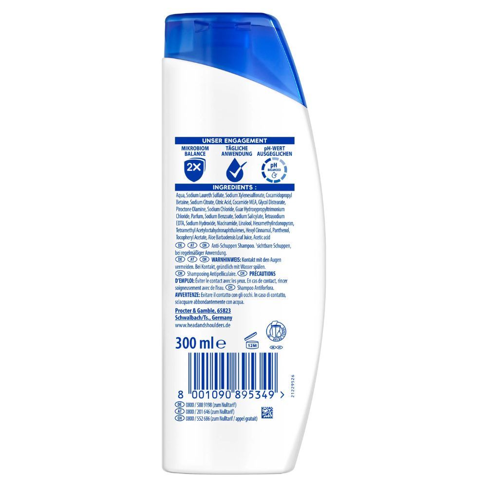 Rückseite einer Shampoo-Flasche. Text: Inhaltsstoffe, Warnhinweise, Kontaktinformationen, 300 ml.