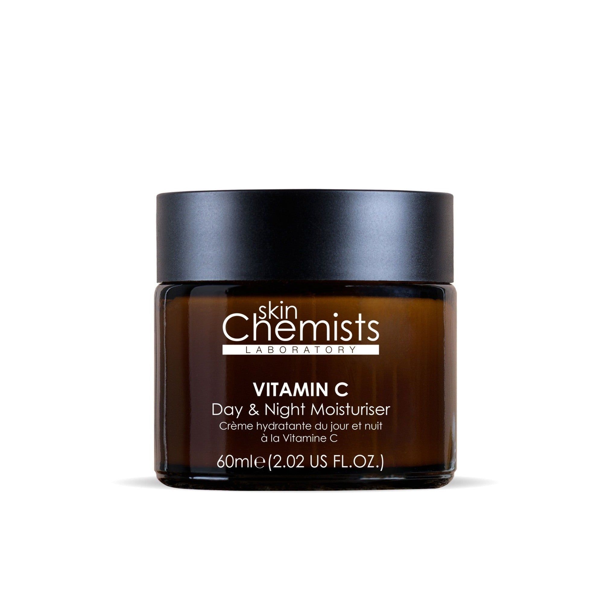 Braune Glasdose mit schwarzem Deckel. Aufschrift: Vitamin C Day & Night Moisturiser. Marke: skinChemists.