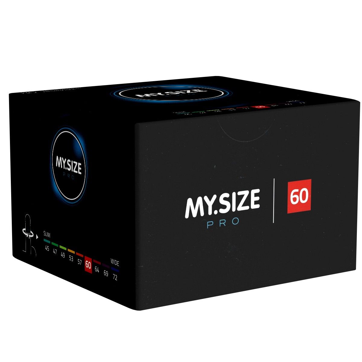 Schwarze Schachtel mit MY.SIZE PRO Logo. Größe 60 mm. Größenangaben von 45 bis 72 mm.