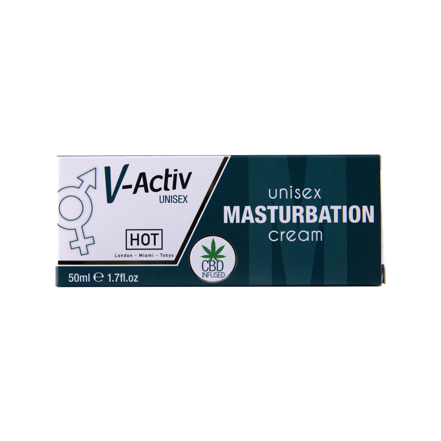 Karton mit Produktinformationen. V-Activ Unisex Masturbationscreme. 50ml. Mit CBD-Logo.